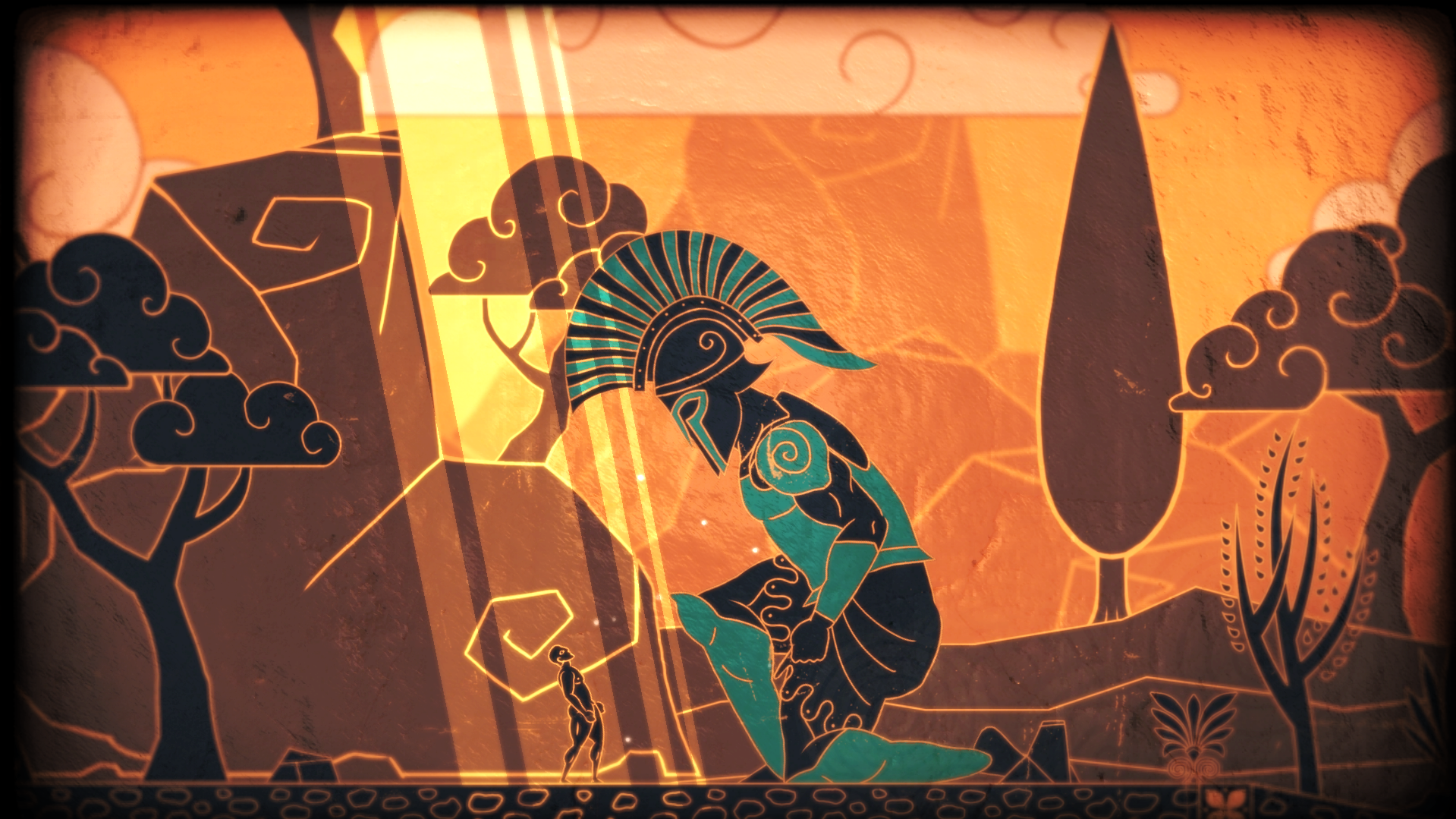 Greek mythology warrior kneeling before a small figure HD Wallpaper