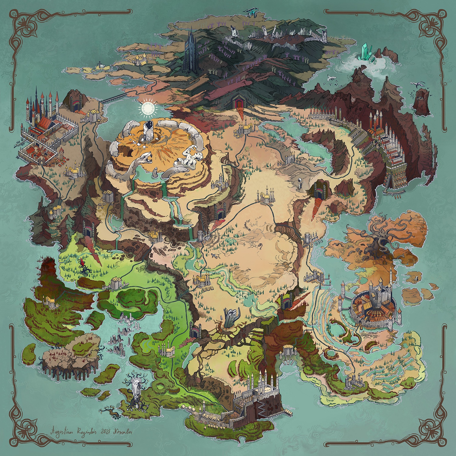 Fantasy World Map with Cities and Mountains HD Wallpaper