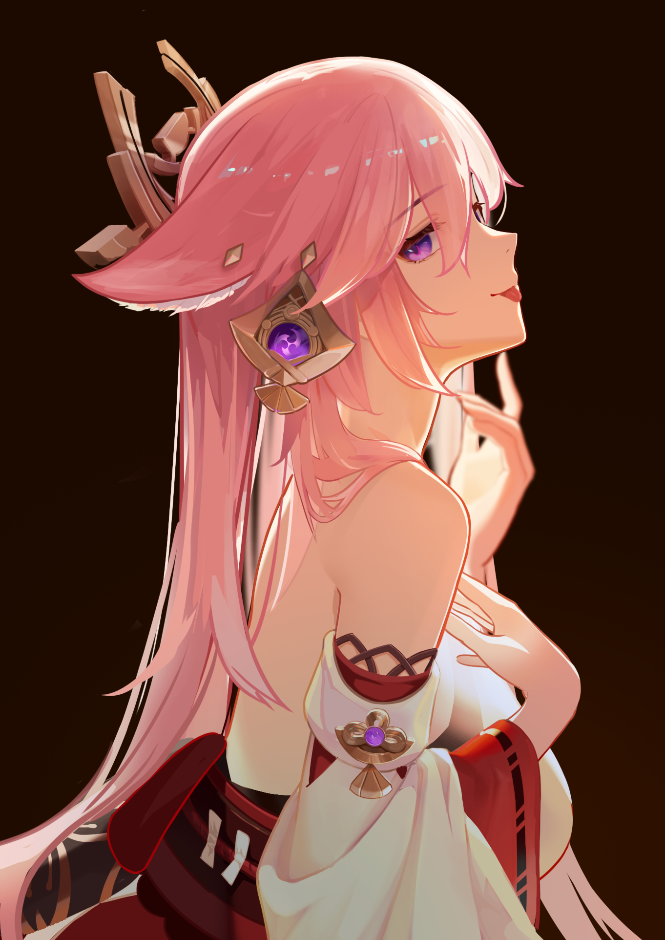 Yae Miko from Genshin Impact with pink hair and purple eyes HD Phone Wallpaper