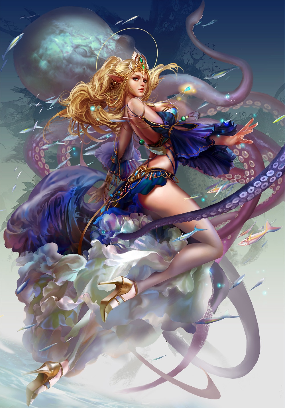 Fantasy blonde girl with pointy ears and tentacles HD Phone Wallpaper