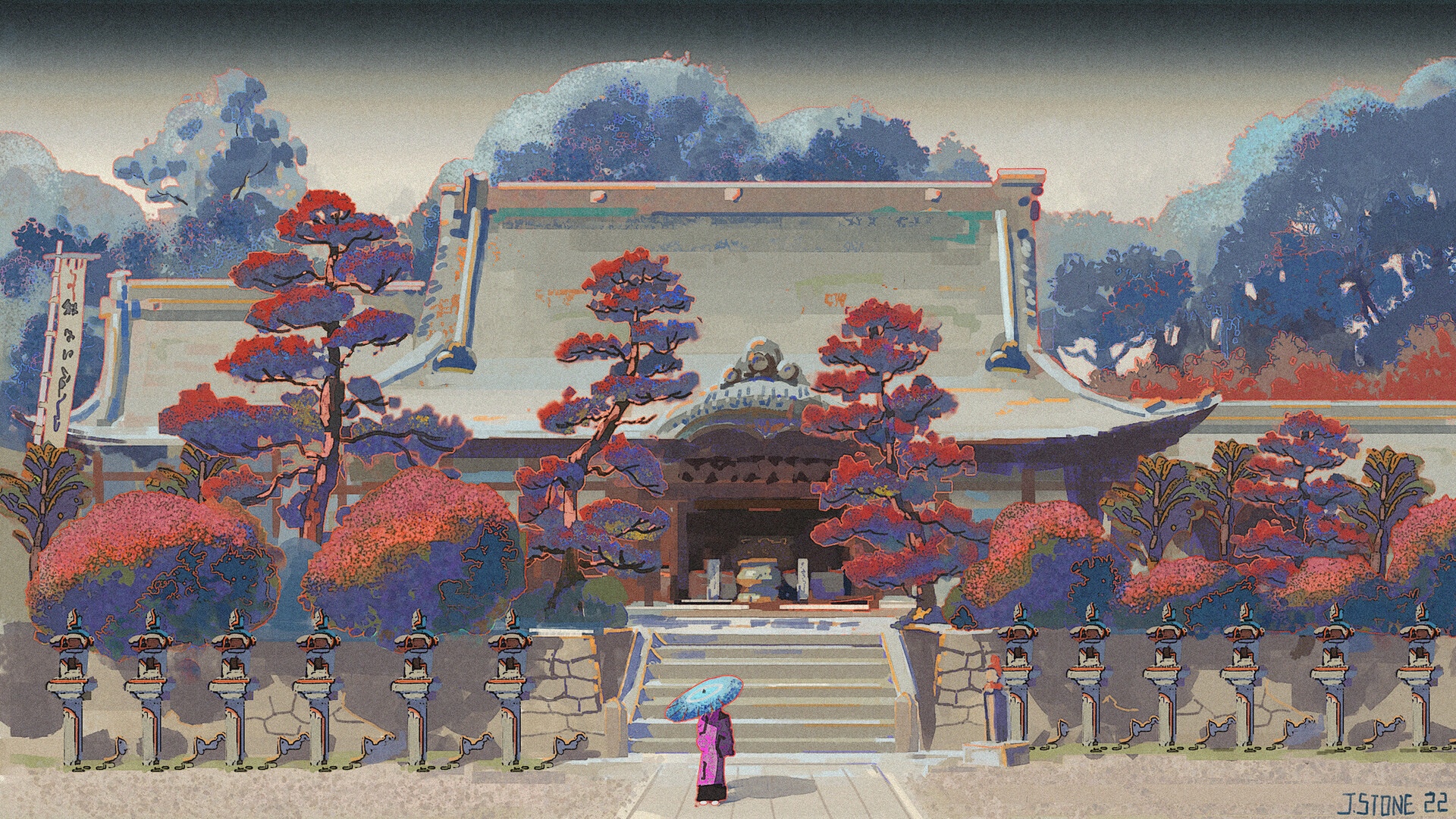 Japanese temple with pine trees and a person with an umbrella HD Wallpaper