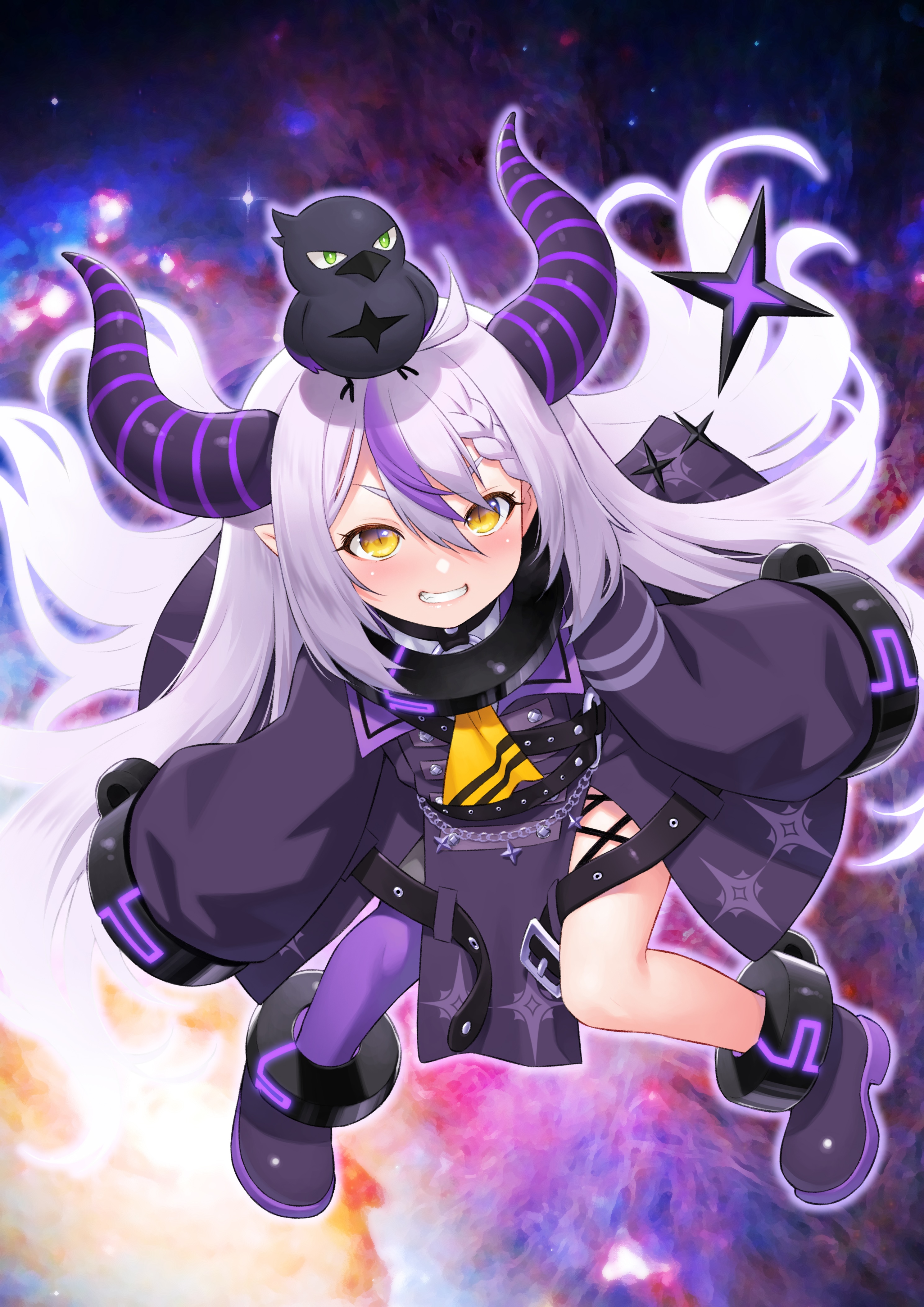 Laplus Darknesss with a bird on her head in space HD Phone Wallpaper
