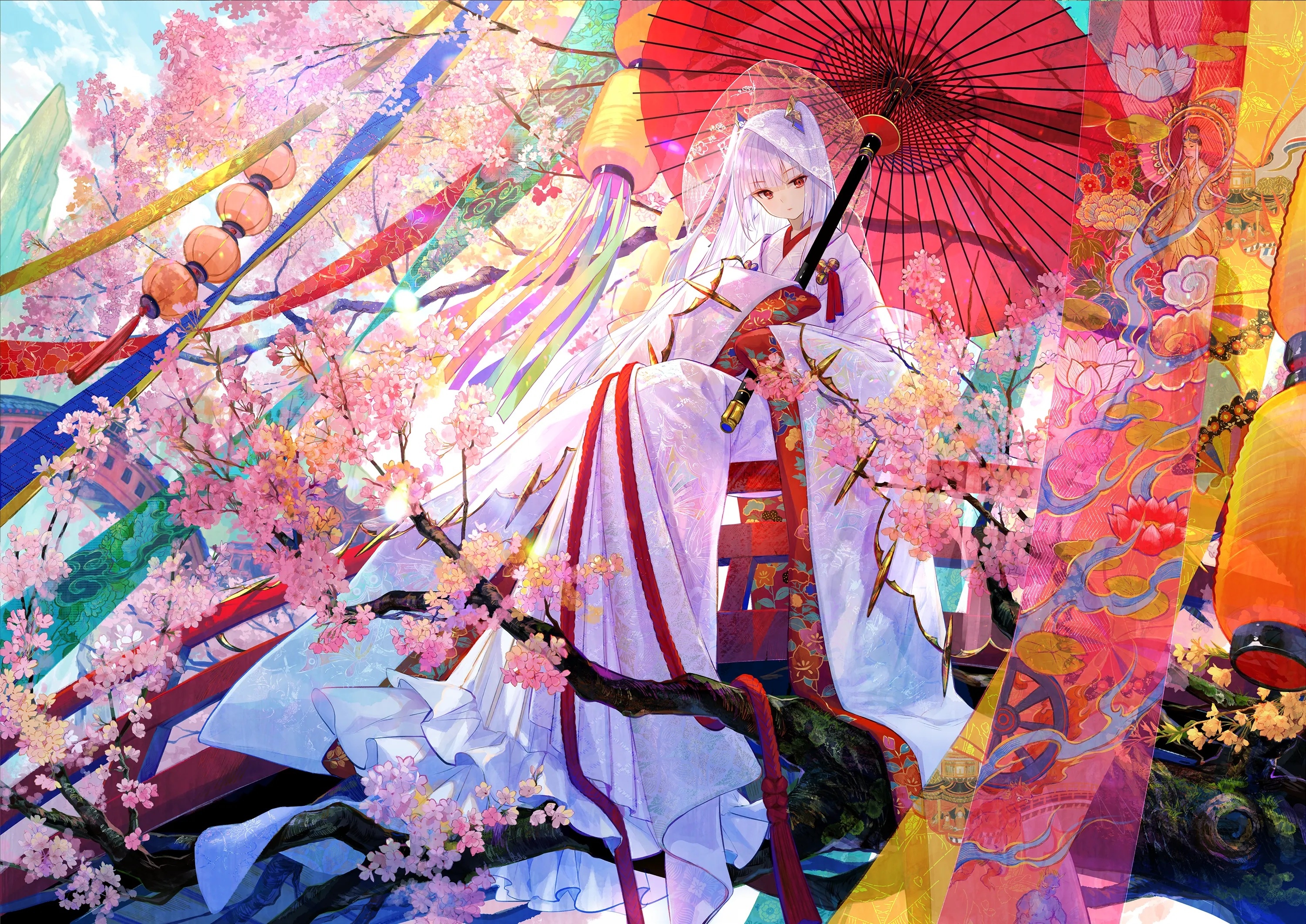 Fuji Choko in Japanese Clothes with Cherry Blossoms and Umbrella HD Wallpaper