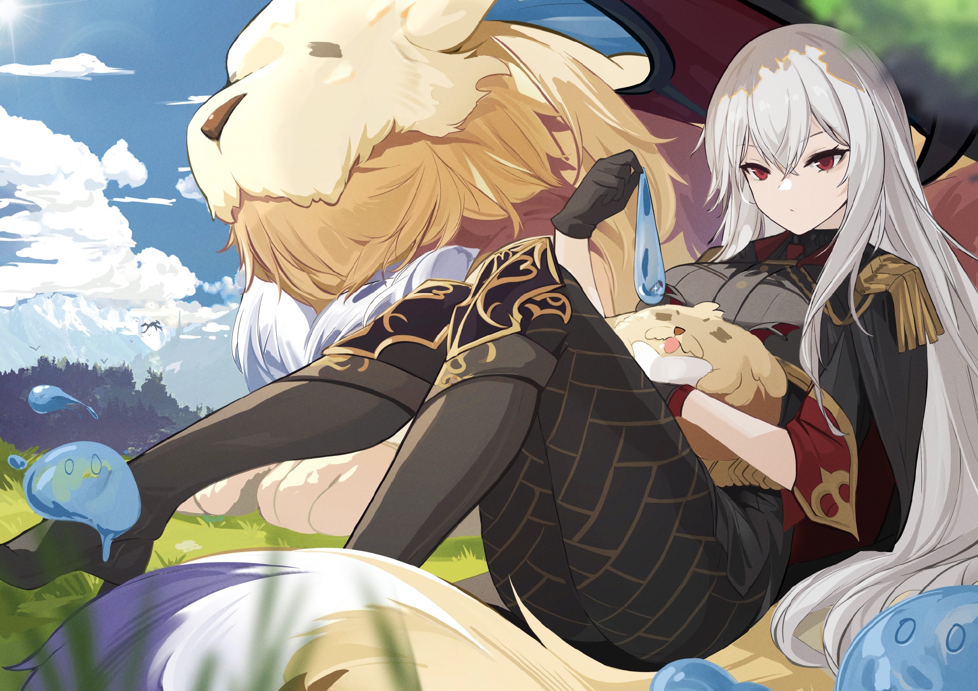 Anime girl with white hair and a fluffy creature HD Wallpaper