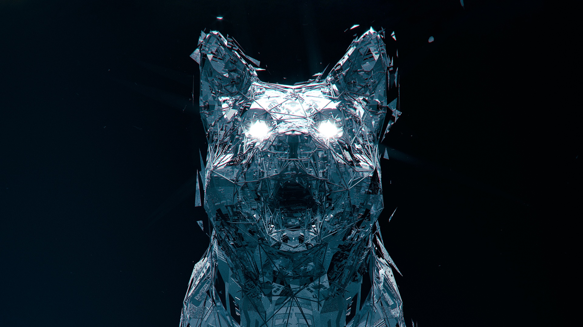 Muzz abstract geometric dog with glowing eyes HD Wallpaper