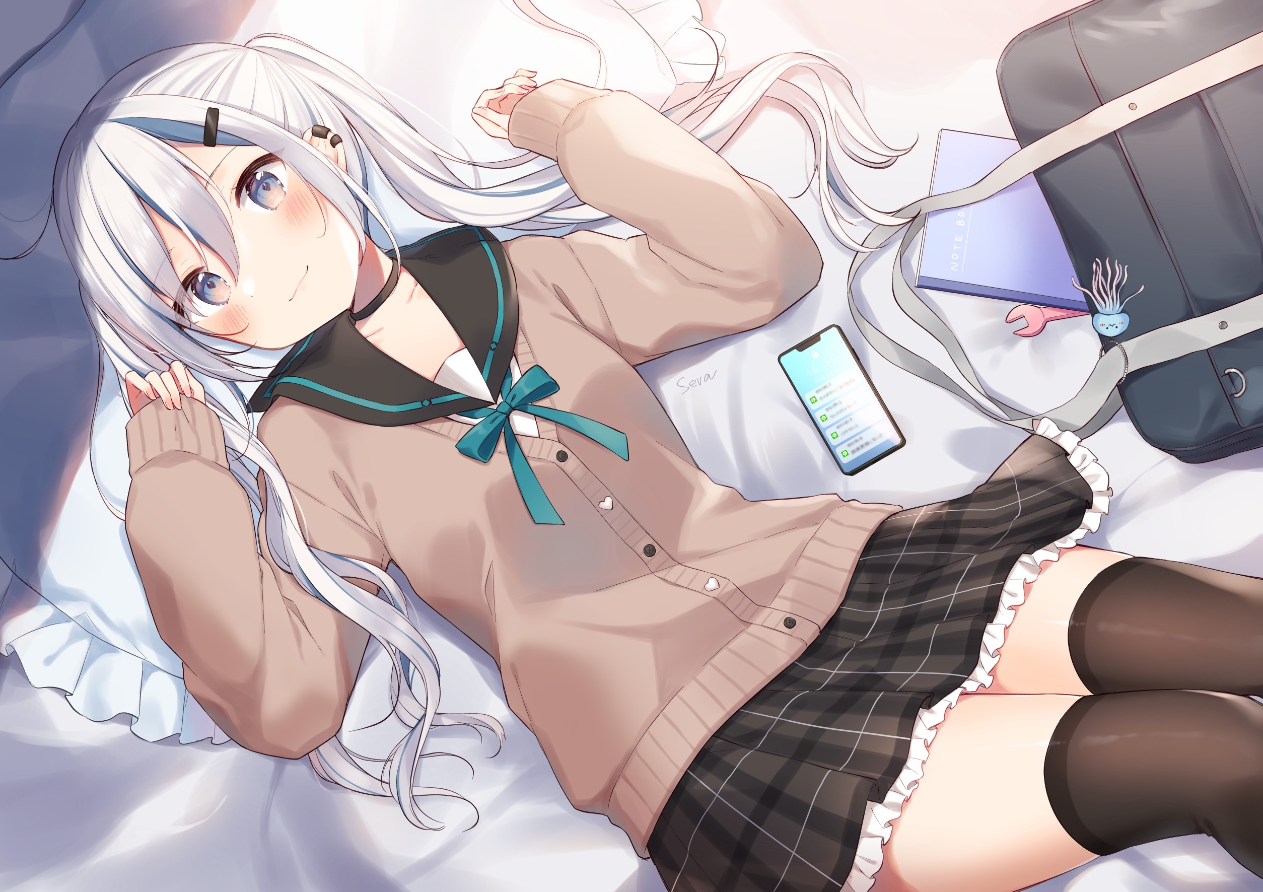 Anime girl with white hair lying on a bed HD Wallpaper