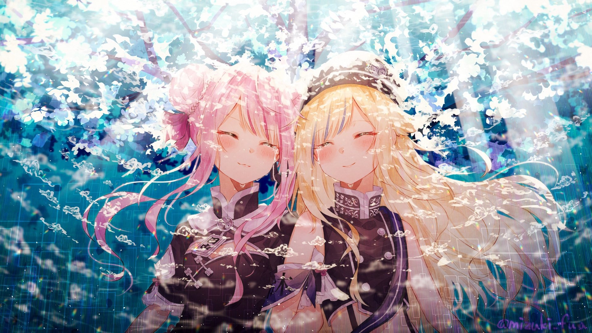 Anime girls with pink and blonde hair smiling HD Wallpaper
