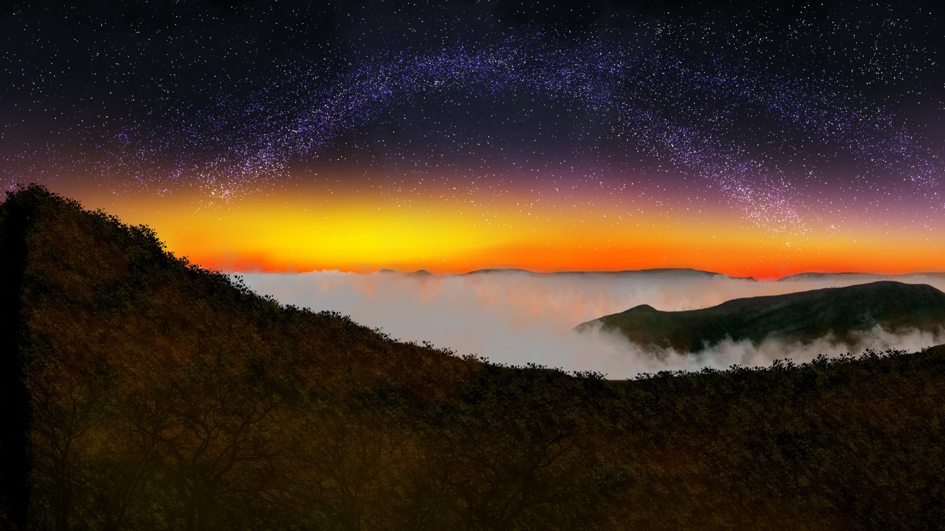 Digital painting of a starry night sky over mountains and fog HD Wallpaper