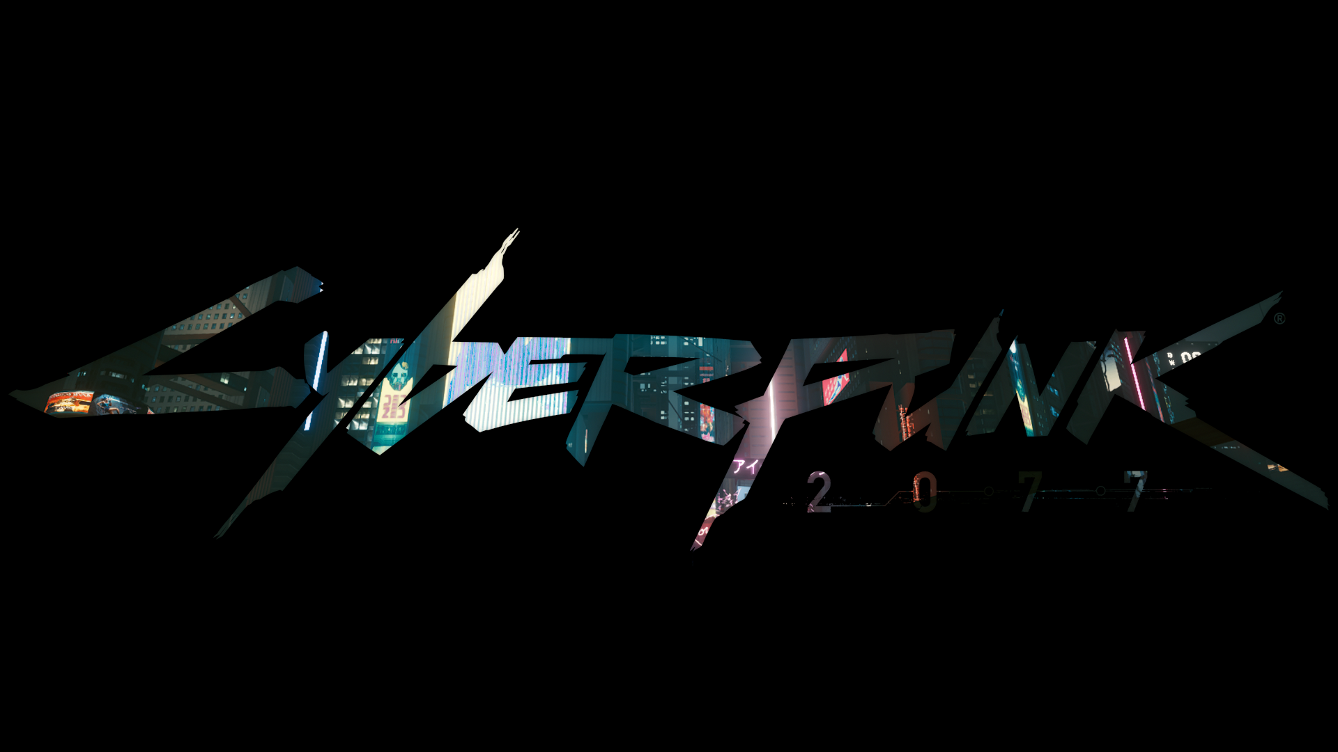 Cyberpunk 2077 logo with city lights HD Wallpaper
