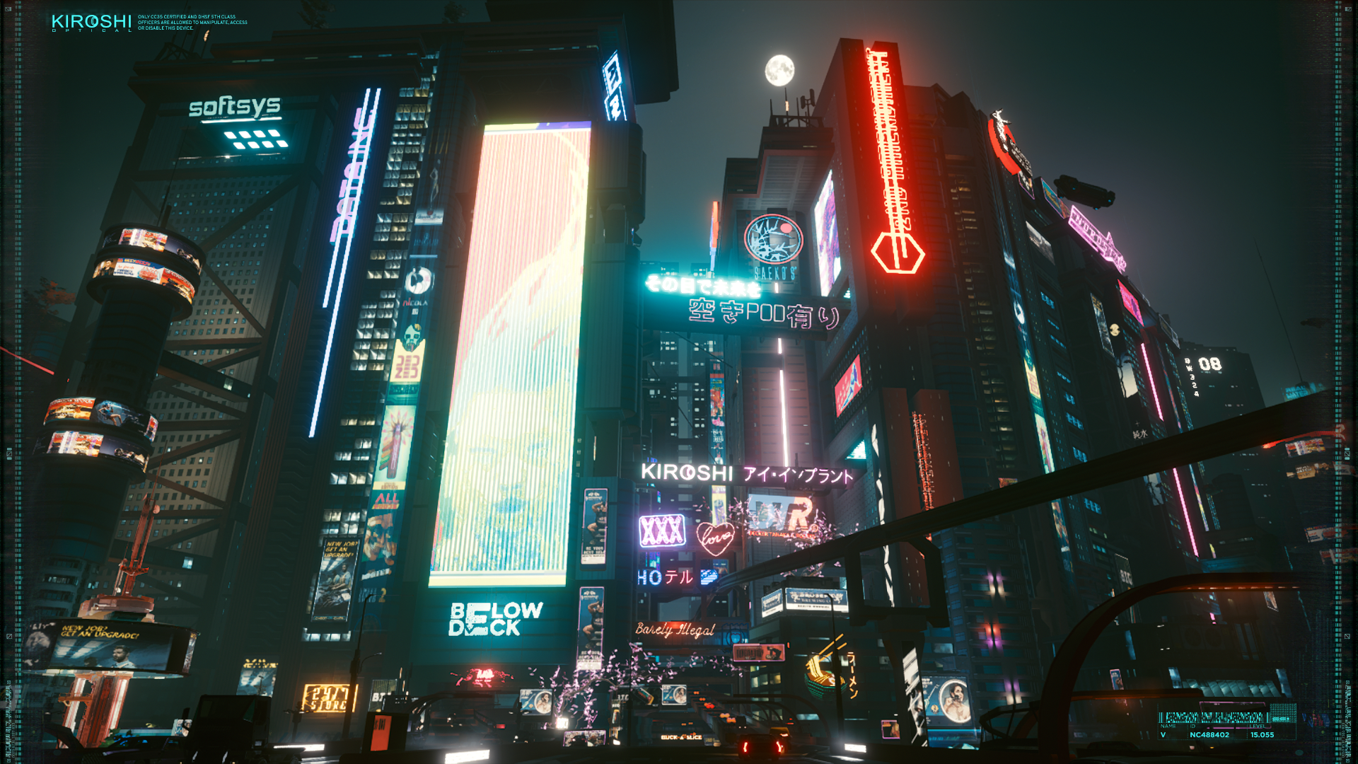 Cyberpunk 2077 Kiroshi and Softsys Neon Cityscape HD Wallpaper