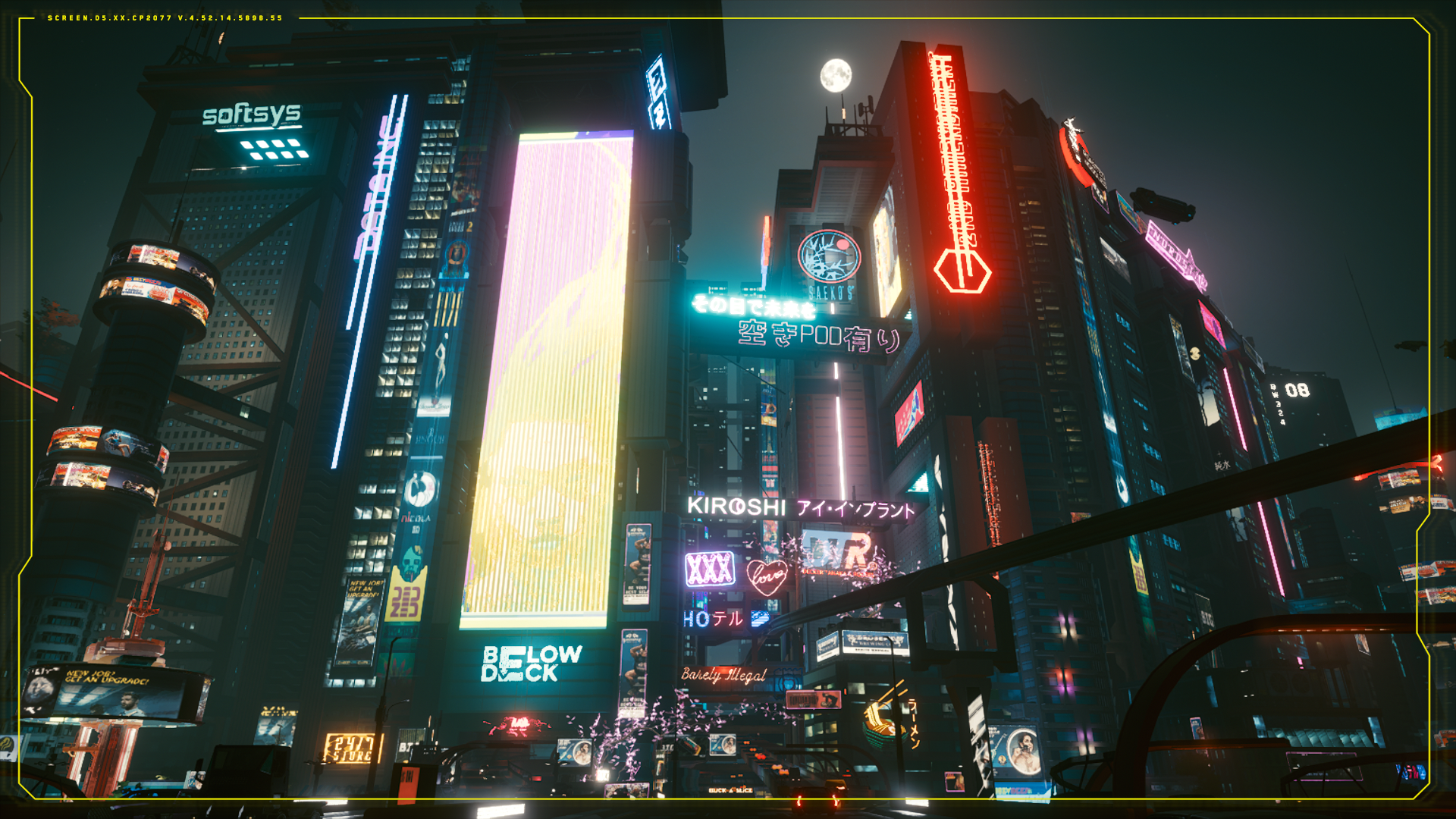 Cyberpunk 2077 Night City with Softsys and Kiroshi signs HD Wallpaper