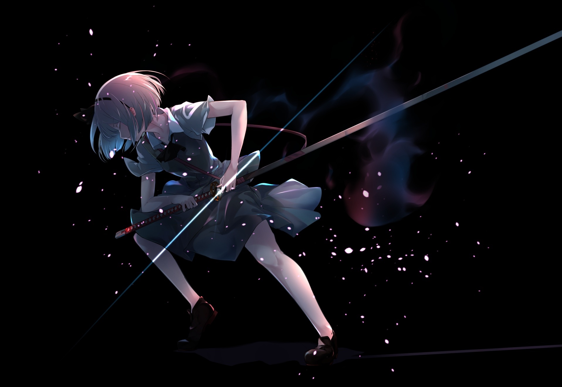 Anime girl with sword on black background HD Wallpaper