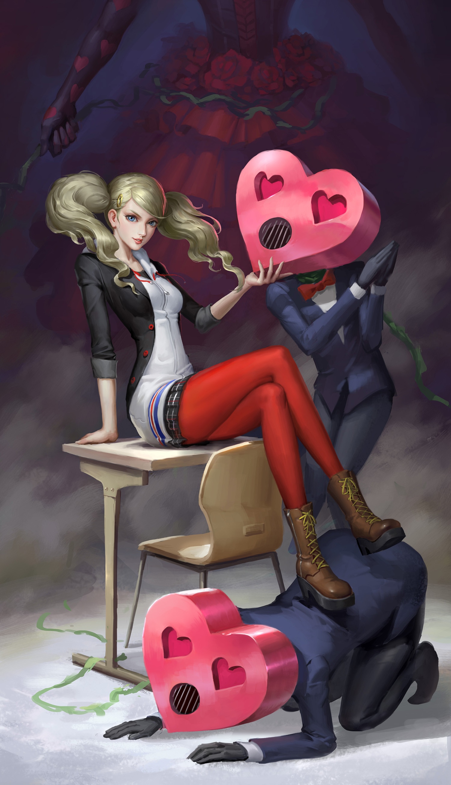 Ann Takamaki with heart-shaped masks and a shadowy figure HD Phone Wallpaper
