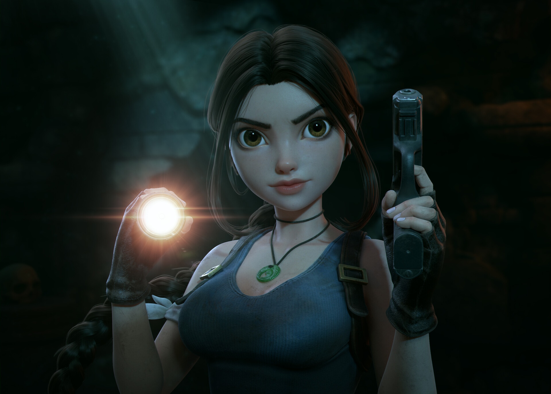 Lara Croft holding a flashlight and a gun HD Wallpaper