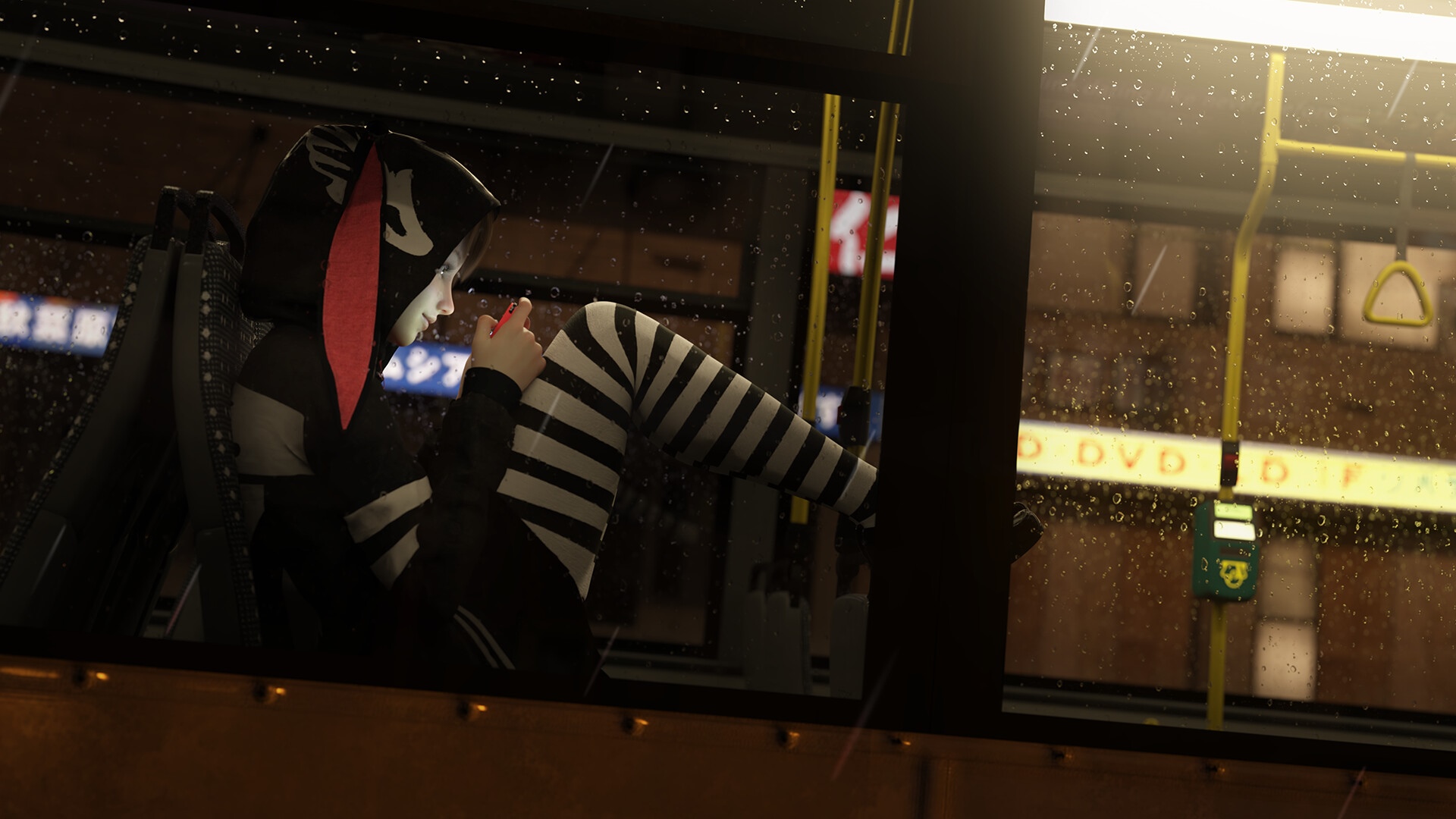Girl in D.Va inspired outfit on a bus at night HD Wallpaper