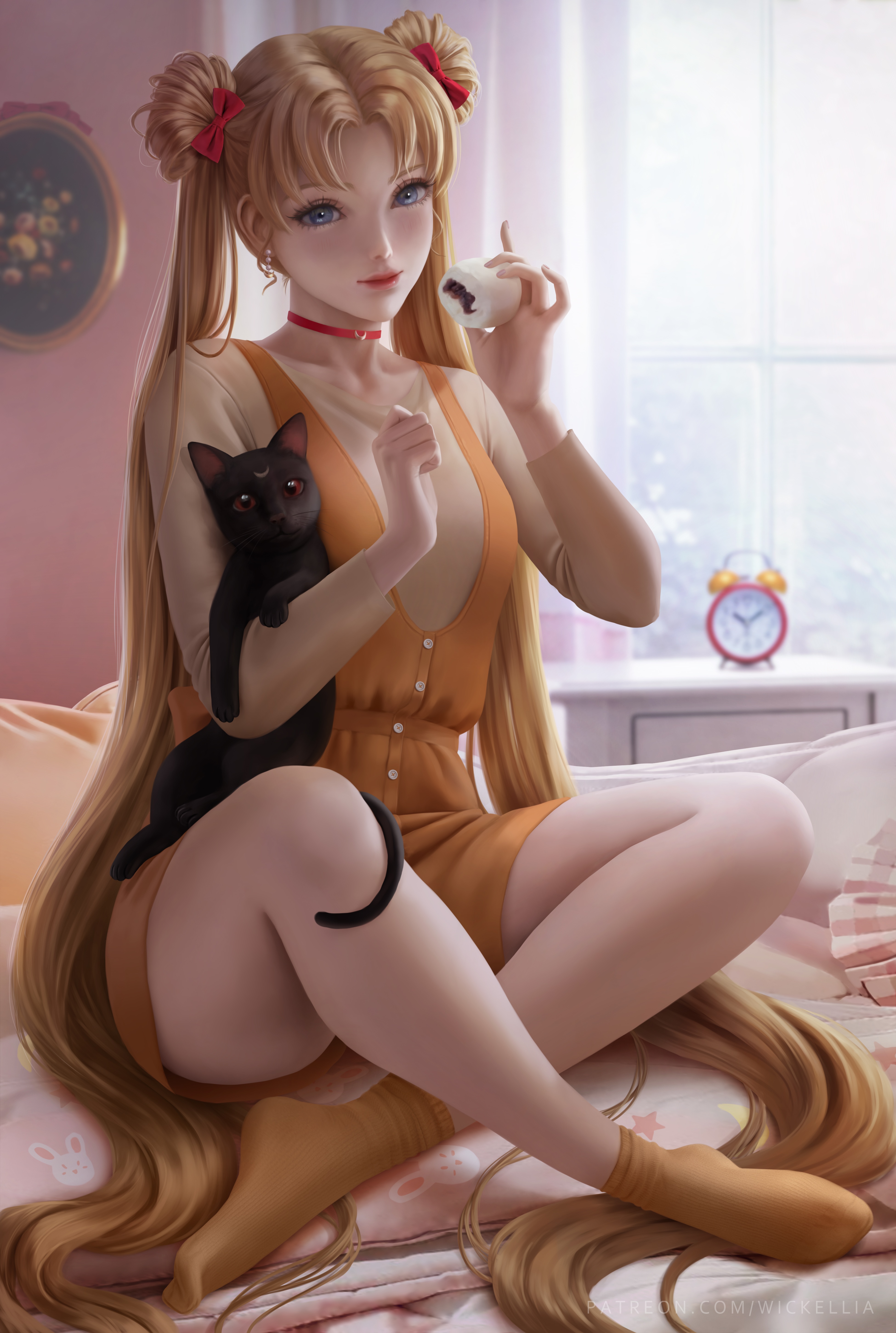 4K Fan Art of Usagi Tsukino with a Black Cat HD Phone Wallpaper