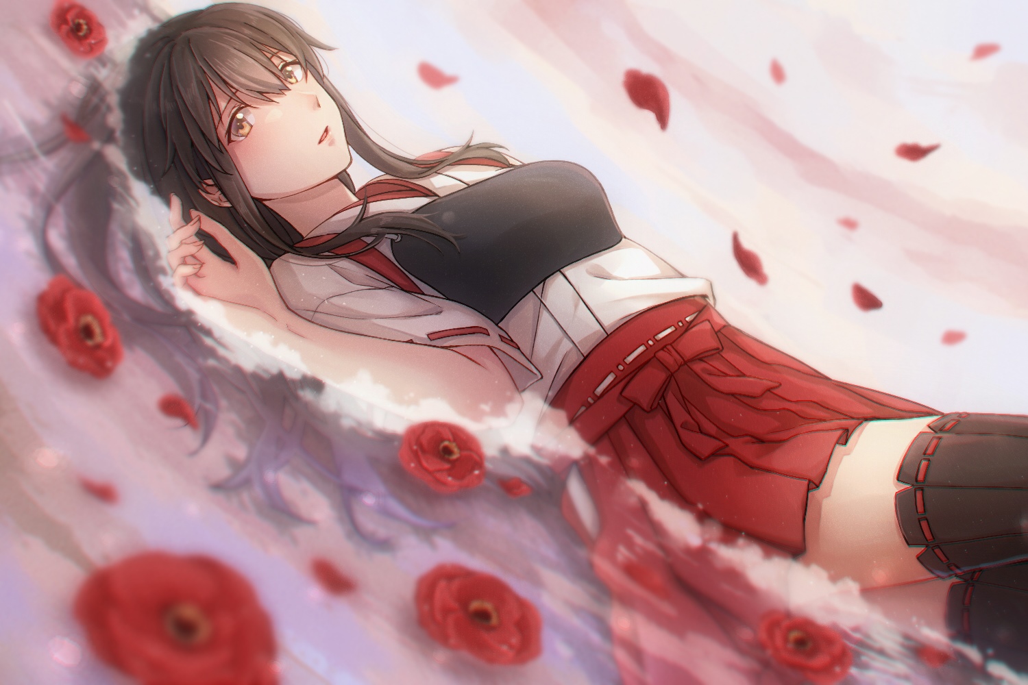 Akagi from Kantai Collection lying among red flowers HD Wallpaper
