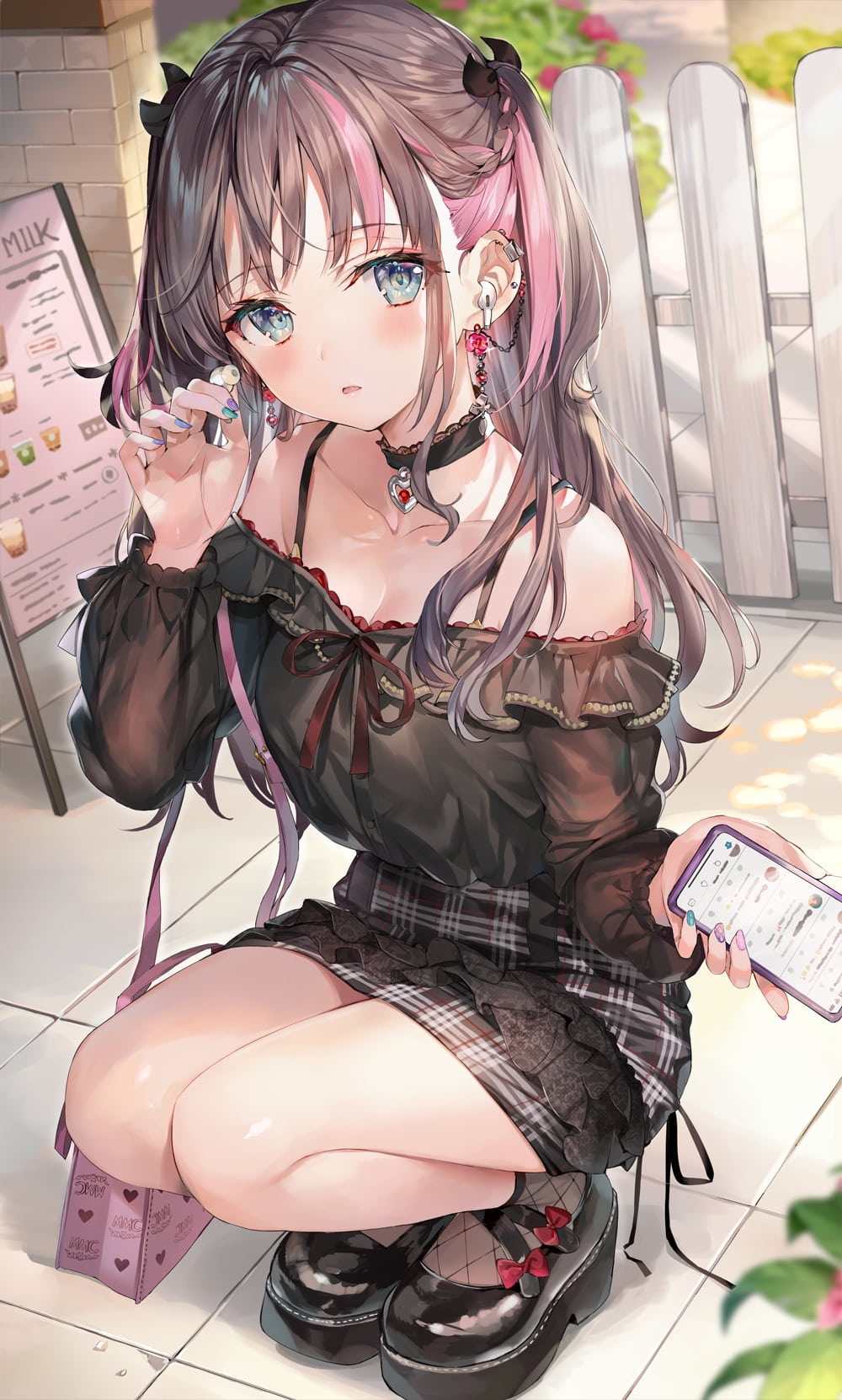 Anime girl Momoko with pink highlights in her hair HD Phone Wallpaper