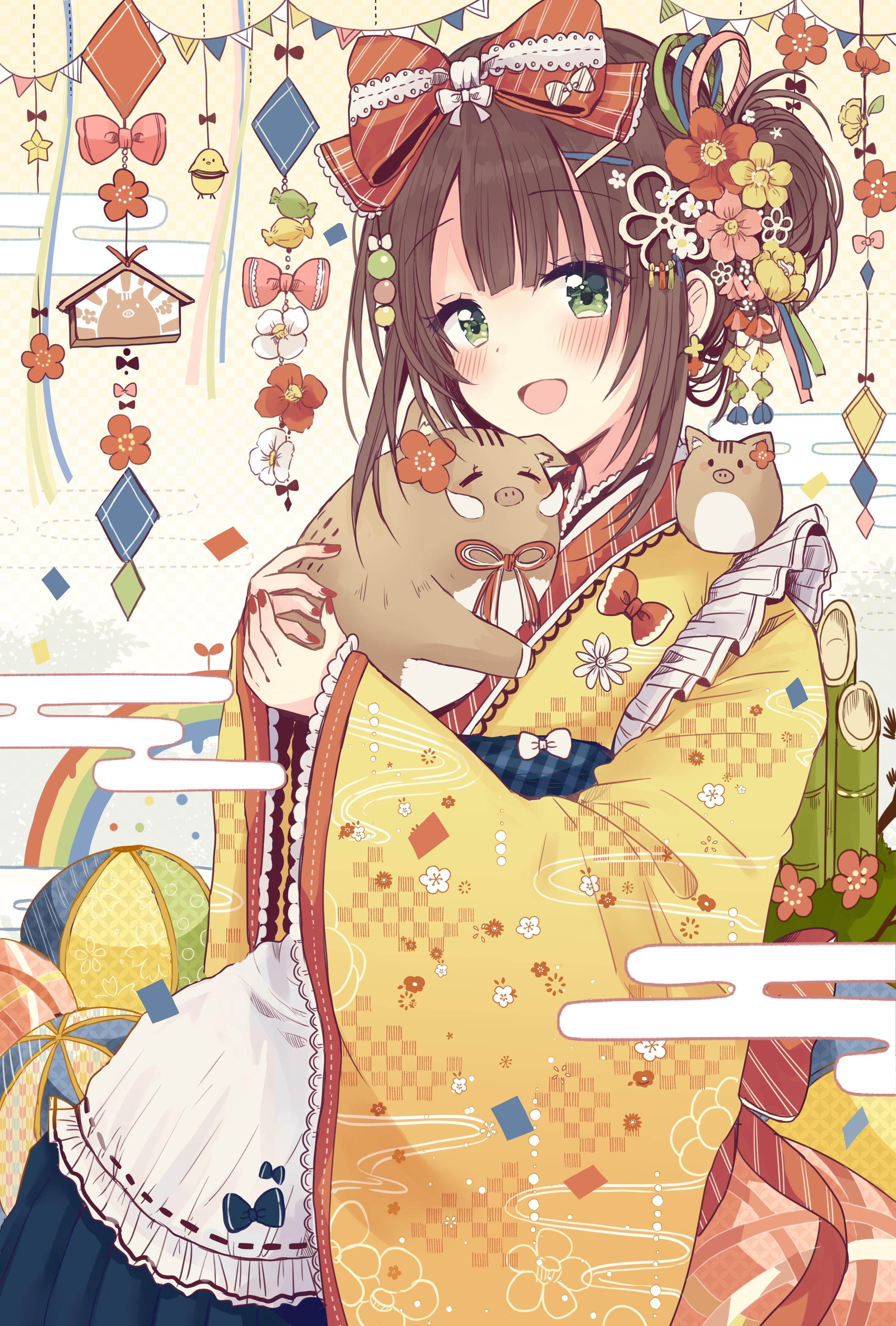Sakura Oriko in Japanese Clothes with Boar Plushies HD Phone Wallpaper