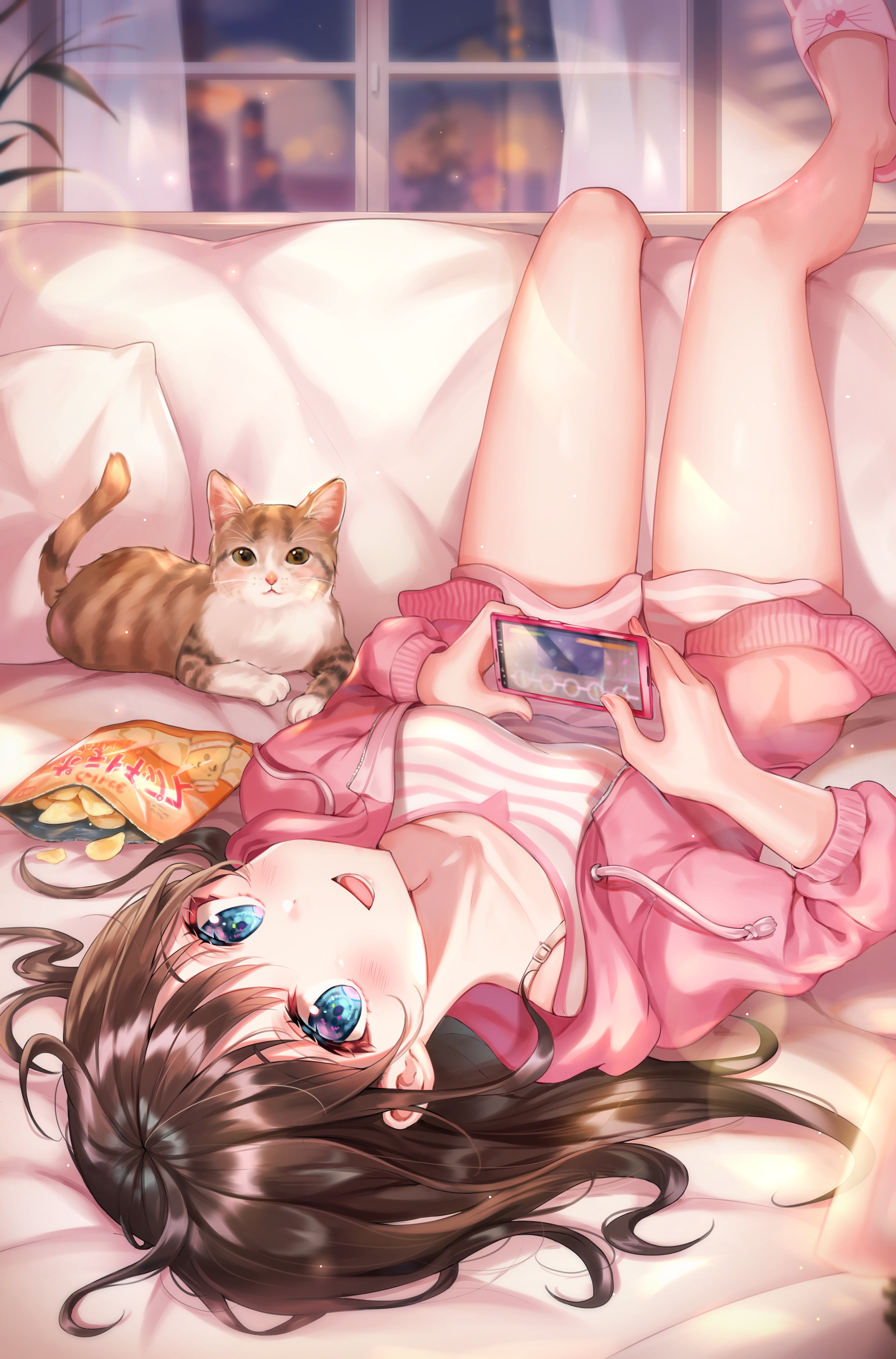 Anime girl playing on phone with cat and chips HD Phone Wallpaper
