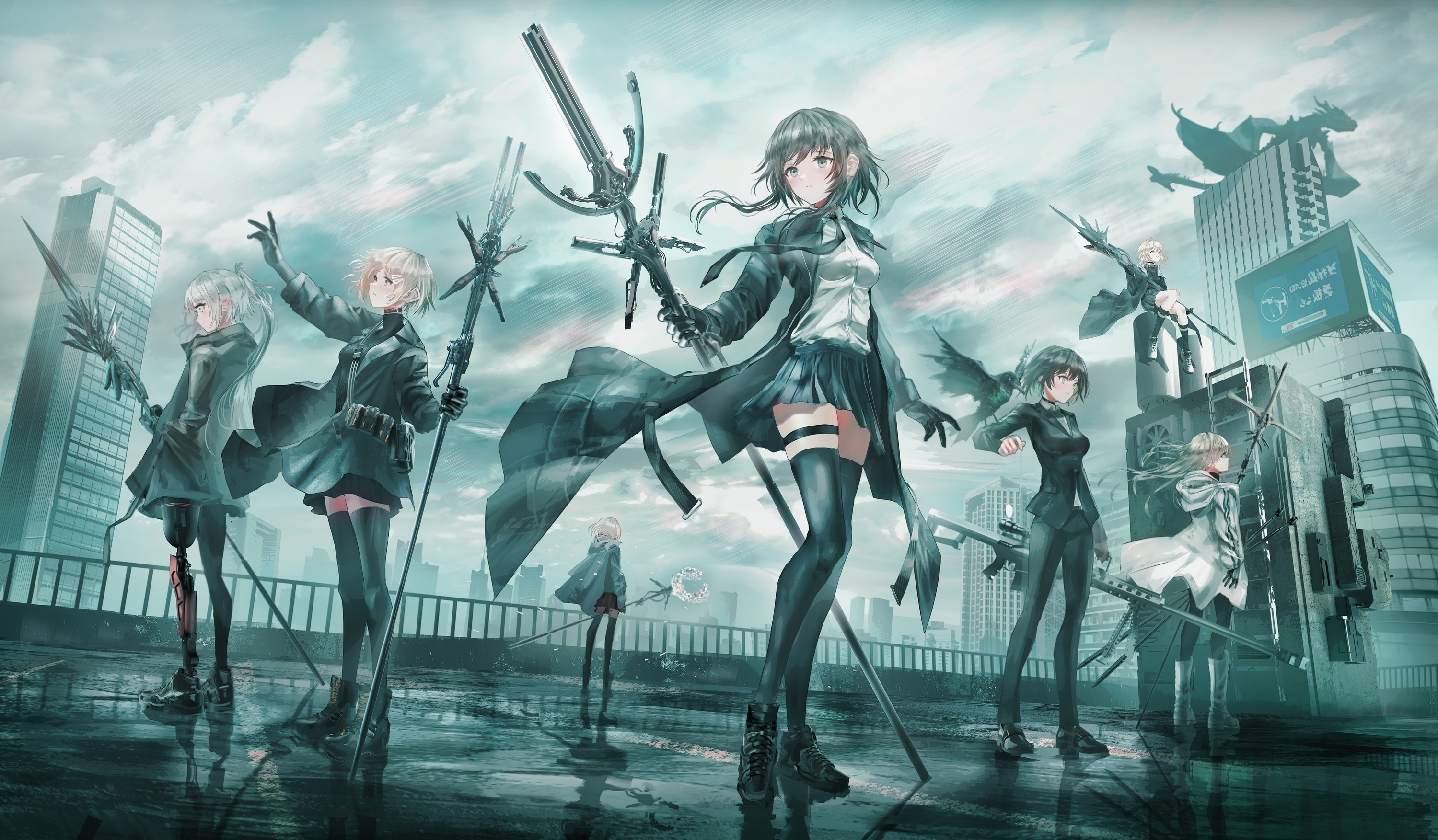 Group of women with weapons in a cityscape HD Wallpaper