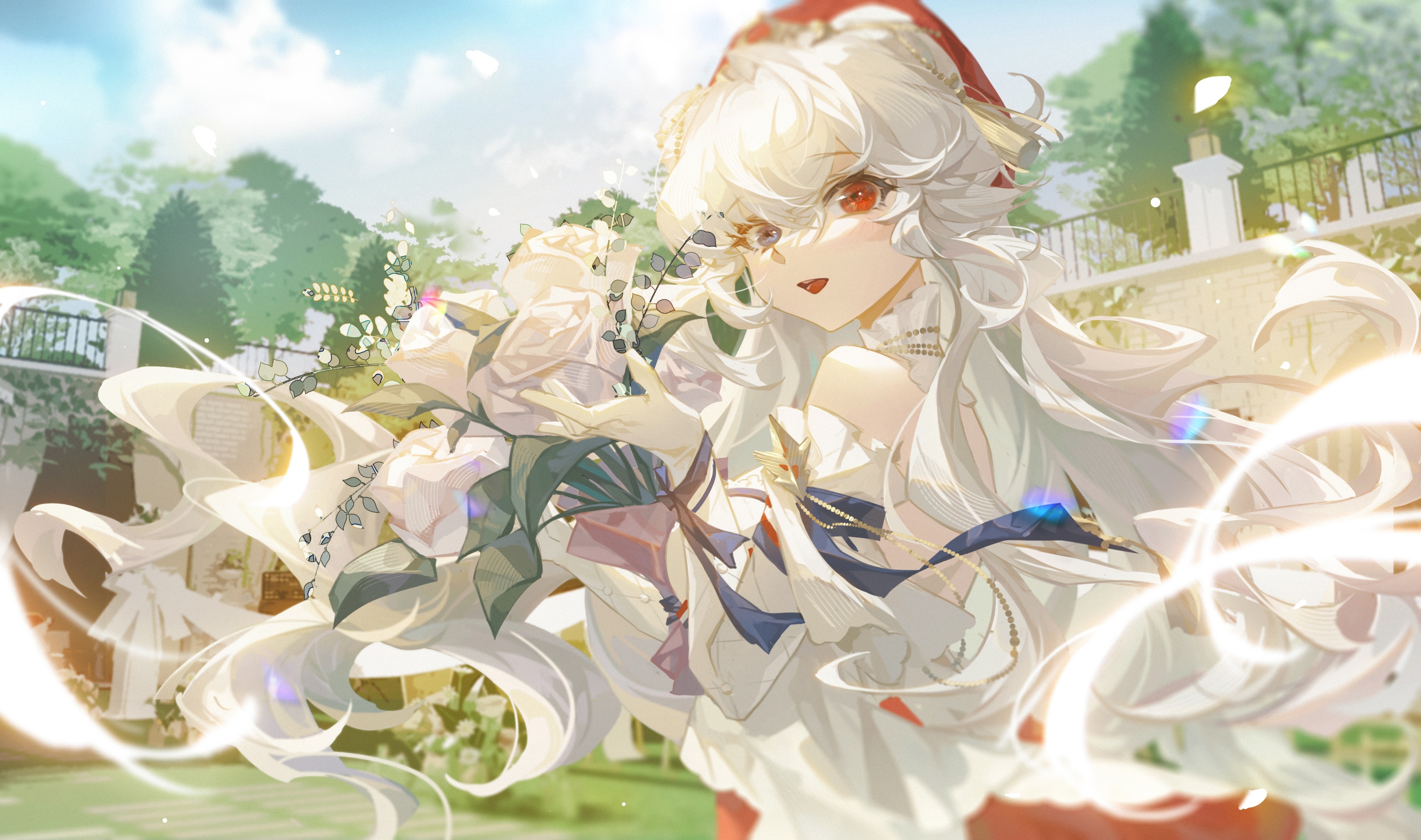 Anime girl with white hair and red eyes holding flowers HD Wallpaper