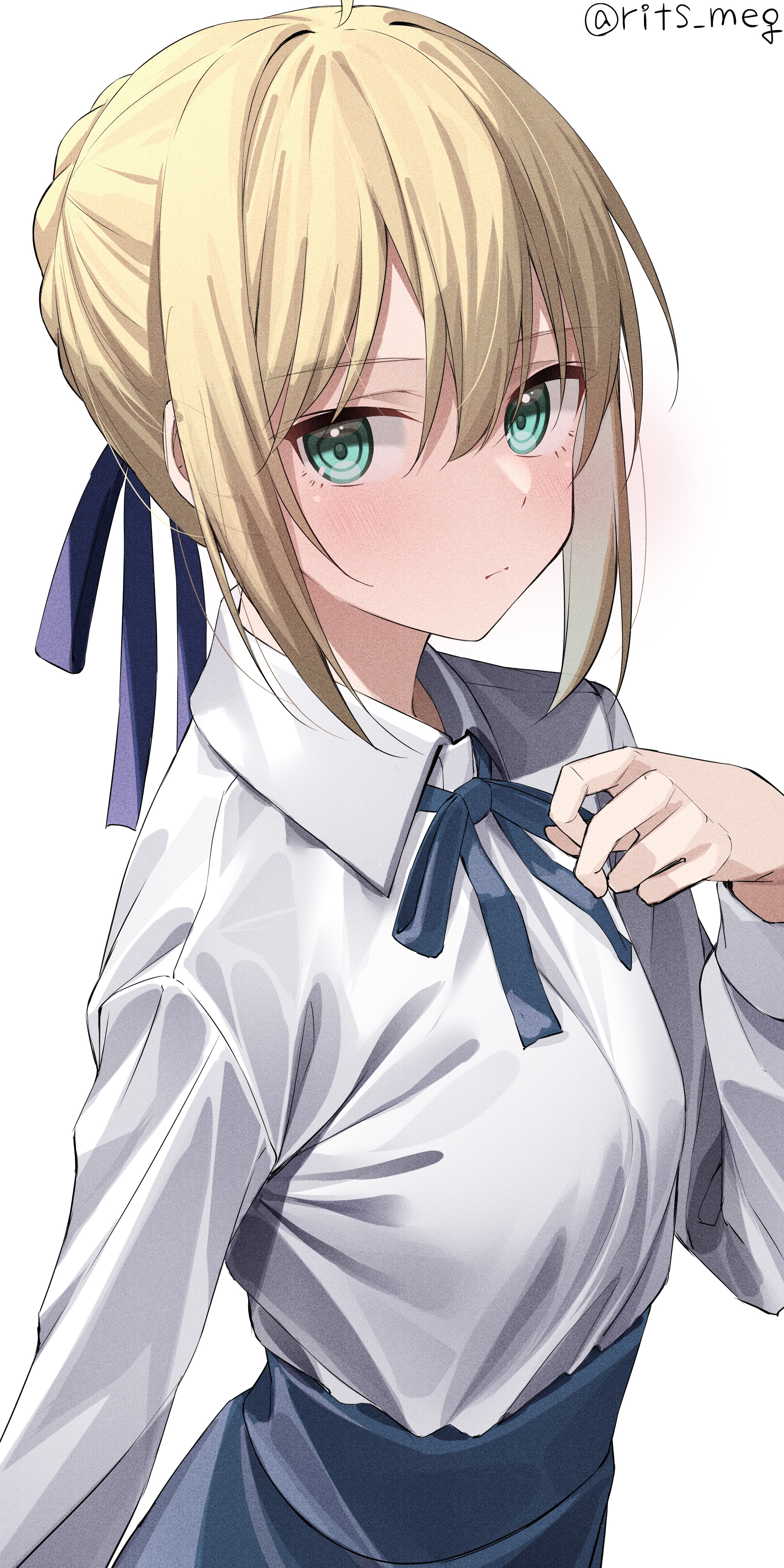 Artoria Pendragon in a white shirt with blue ribbons HD Phone Wallpaper