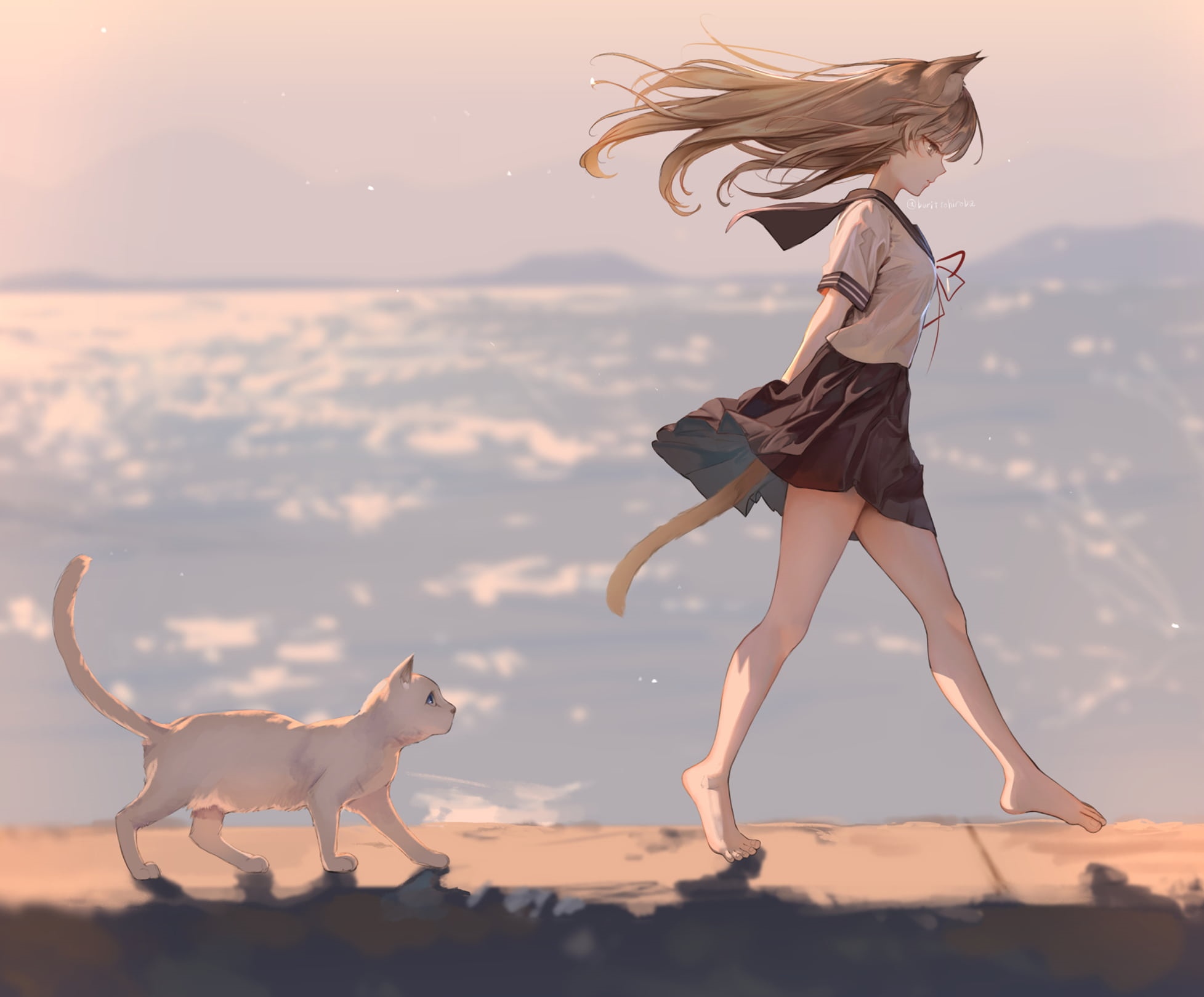 Cat girl in school uniform walks with a cat HD Wallpaper