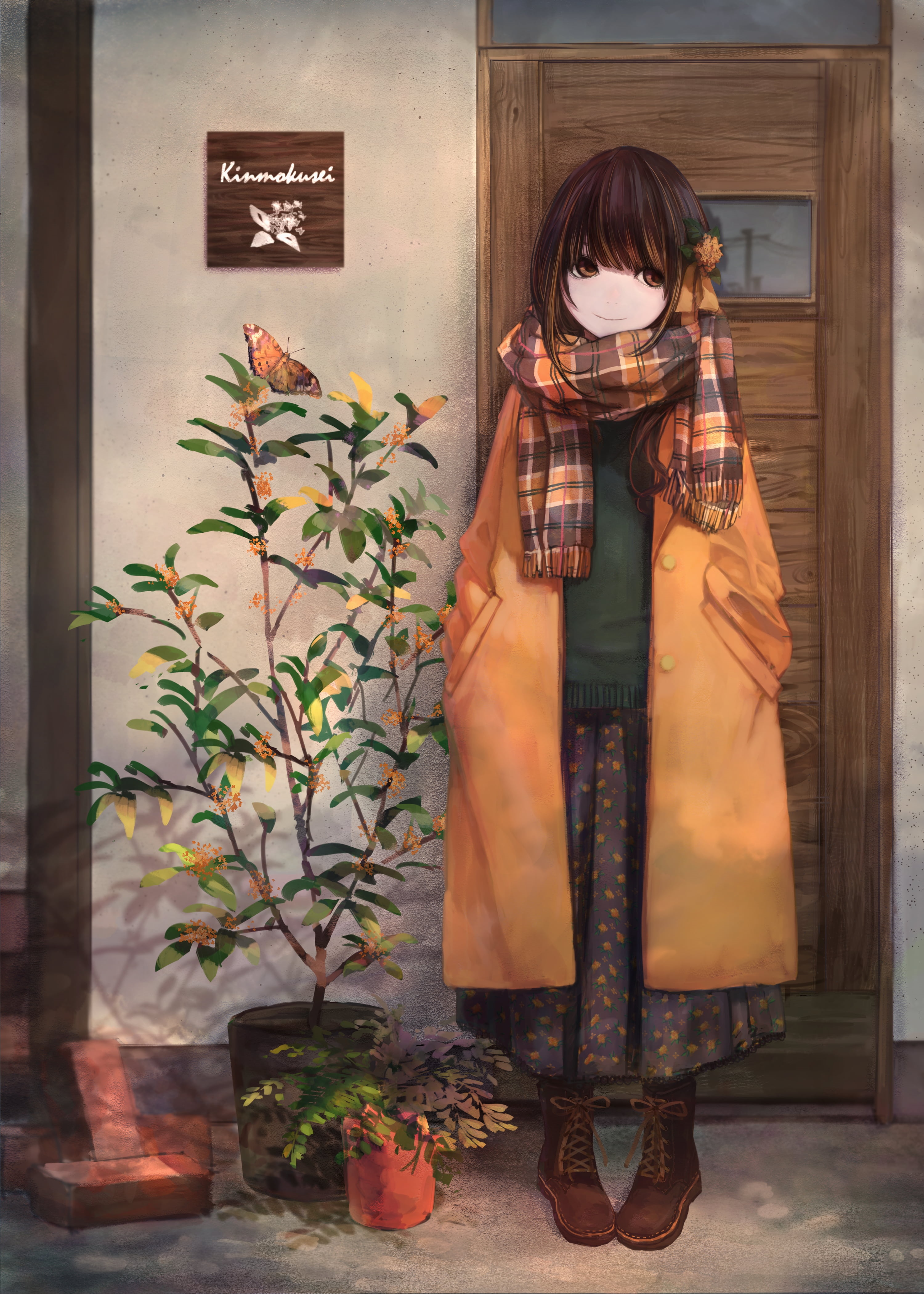 Girl with scarf and coat by a plant HD Phone Wallpaper