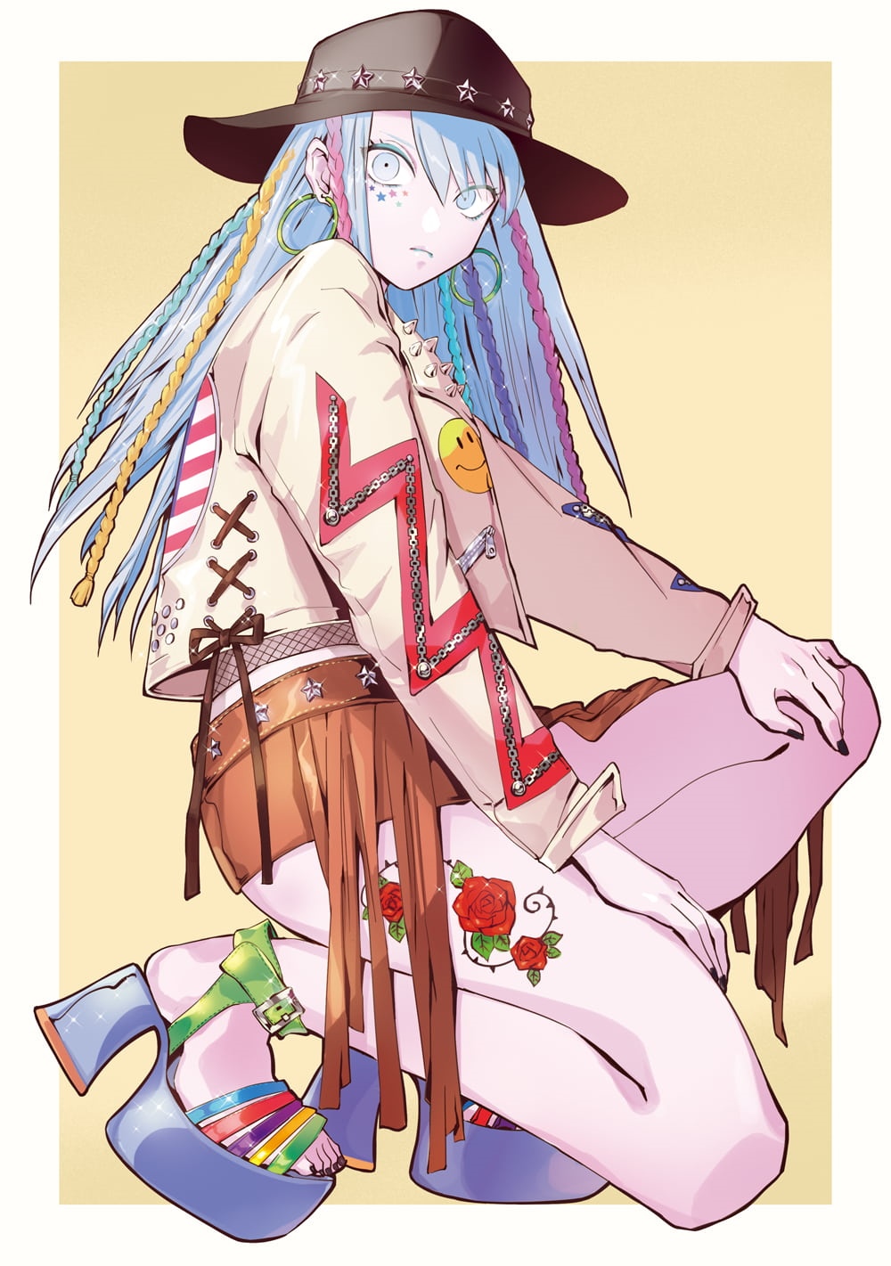 Anime girl with blue hair and colorful braids HD Phone Wallpaper