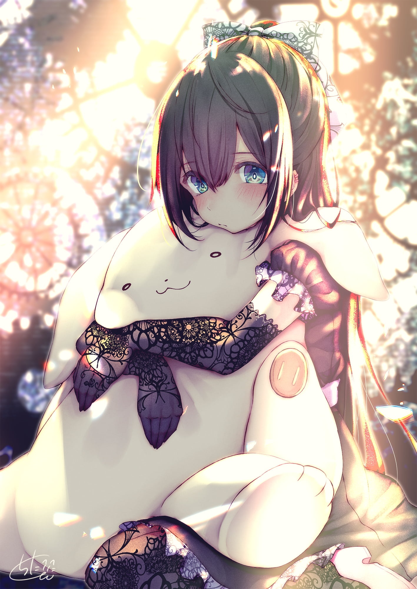 Artwork by Chita (Ketchup) featuring a girl and a plush toy HD Phone Wallpaper