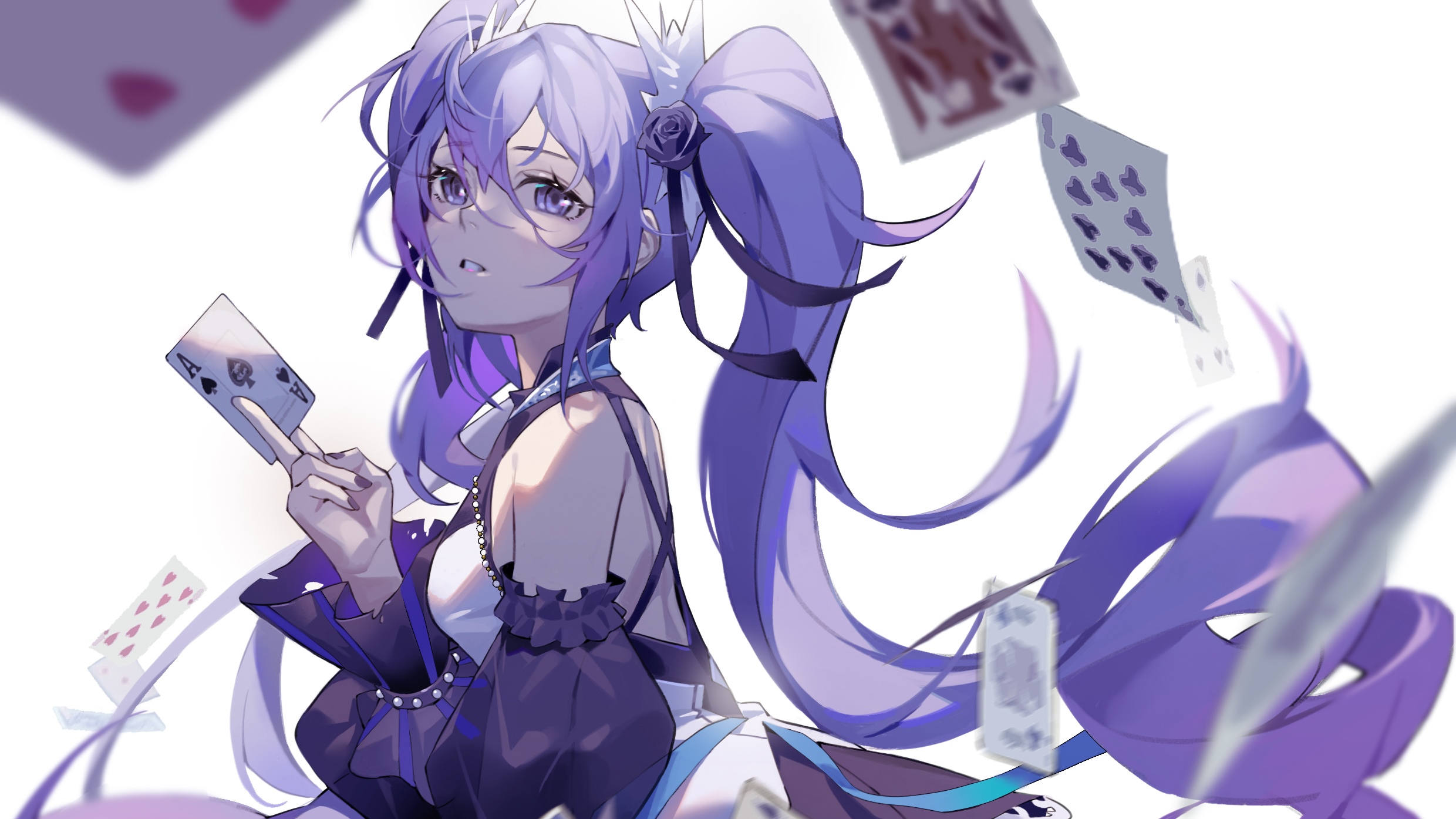 A-SOUL girl with purple twintails holding playing cards HD Wallpaper