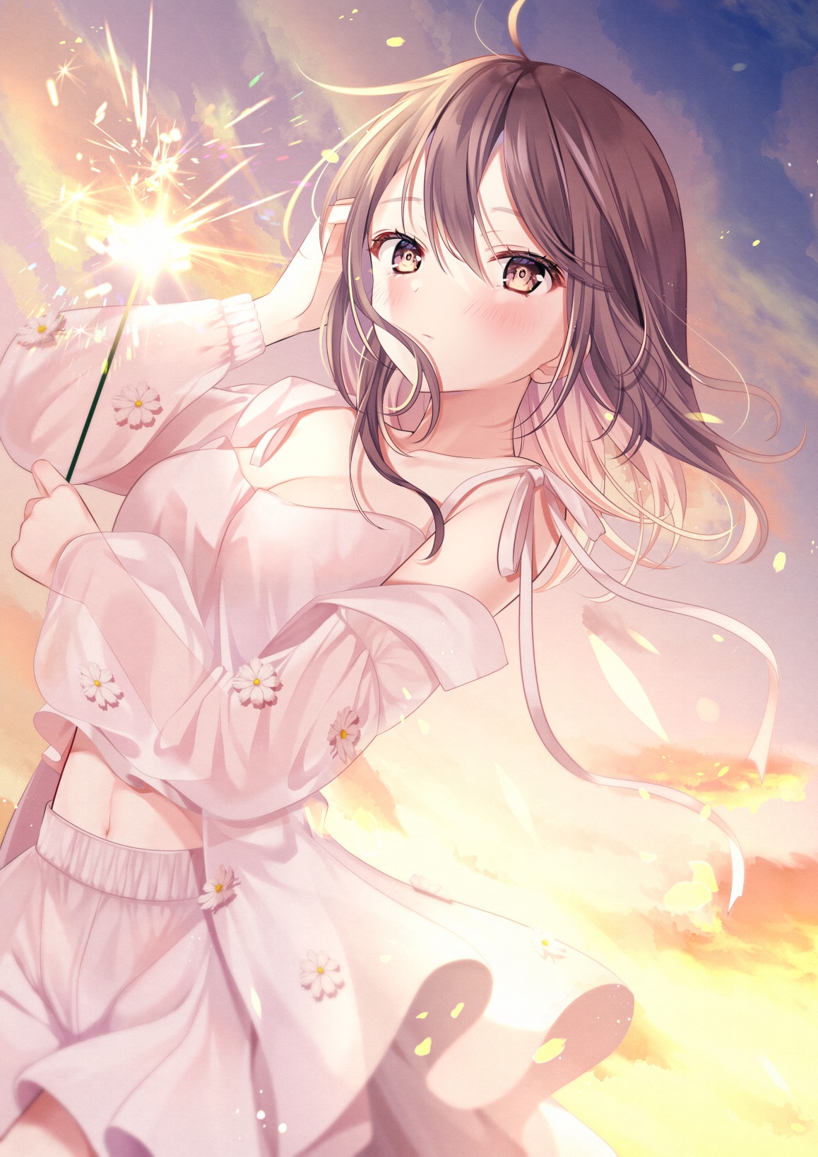 Brunette girl with brown eyes holding a sparkler HD Phone Wallpaper