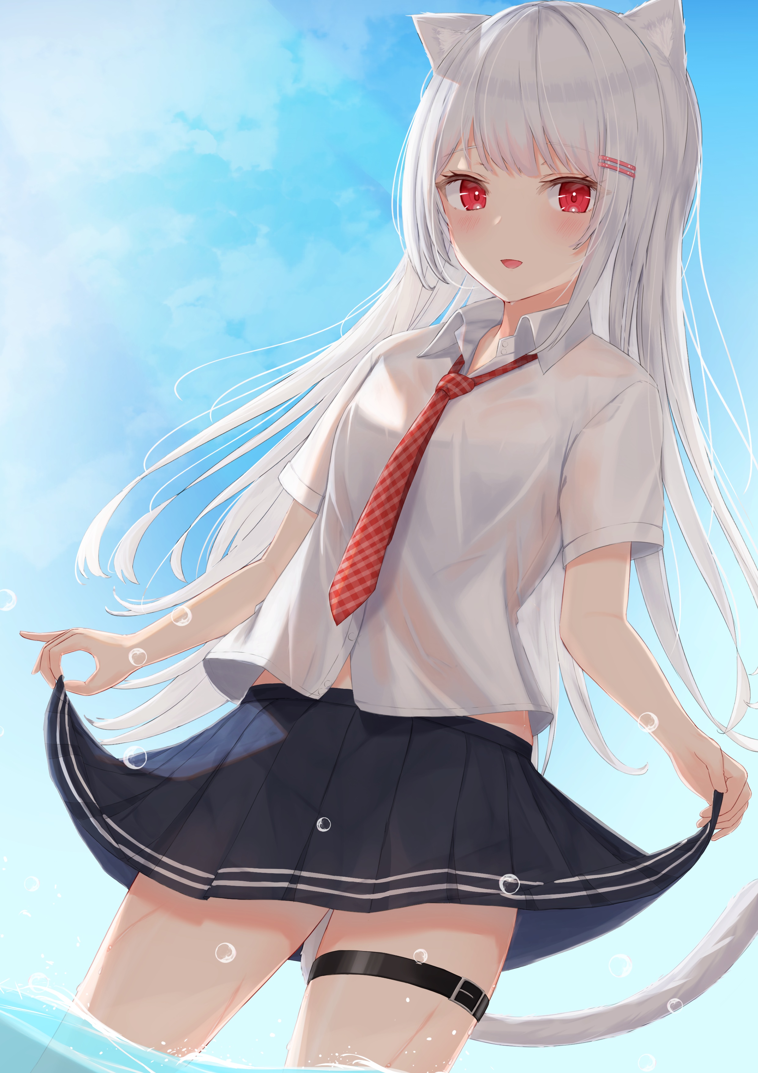 Anime girl with white hair and cat ears in a school uniform HD Phone Wallpaper