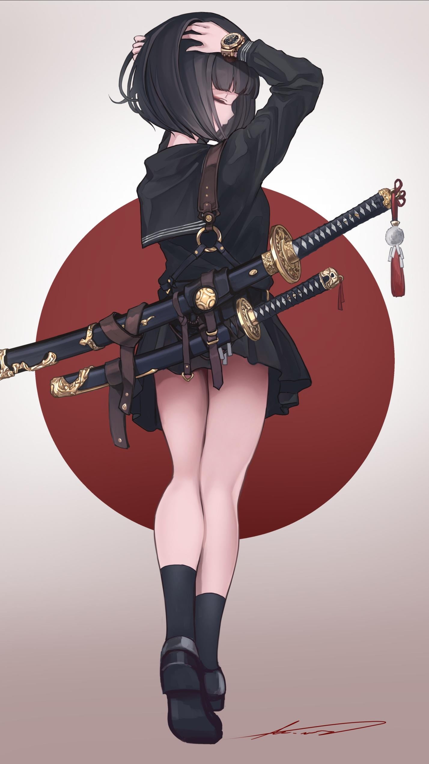 Woman in school uniform with swords HD Phone Wallpaper