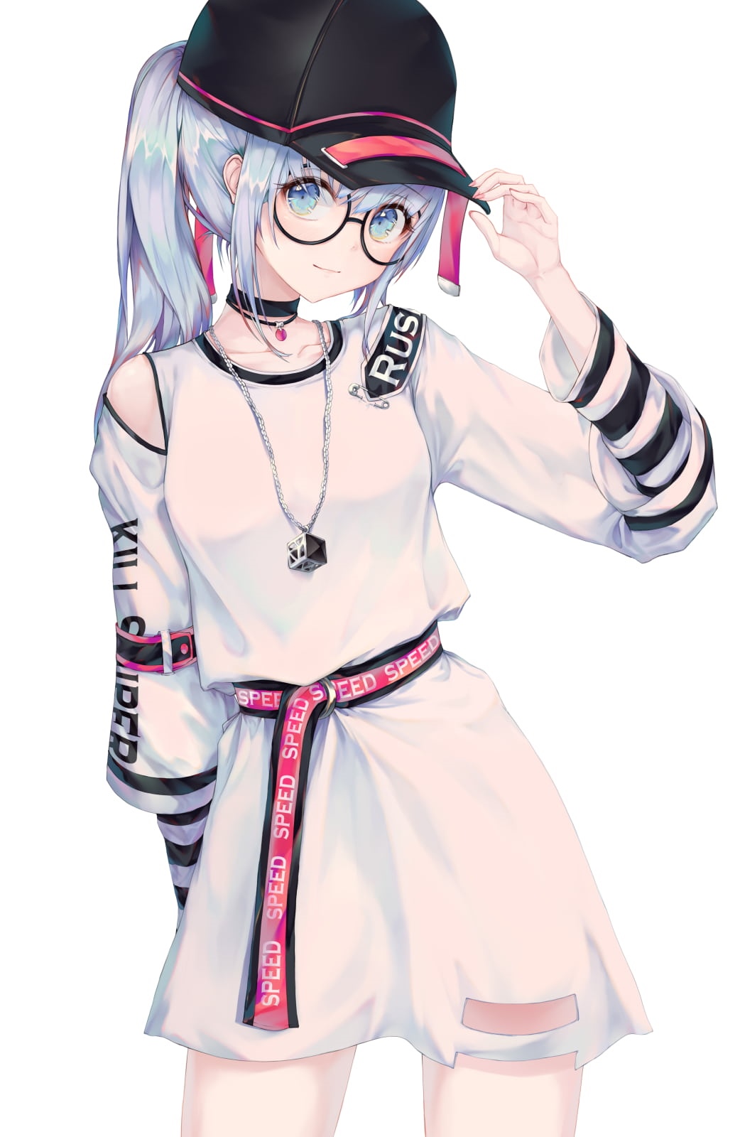 Anime girl with silver hair wearing a cap and glasses HD Phone Wallpaper