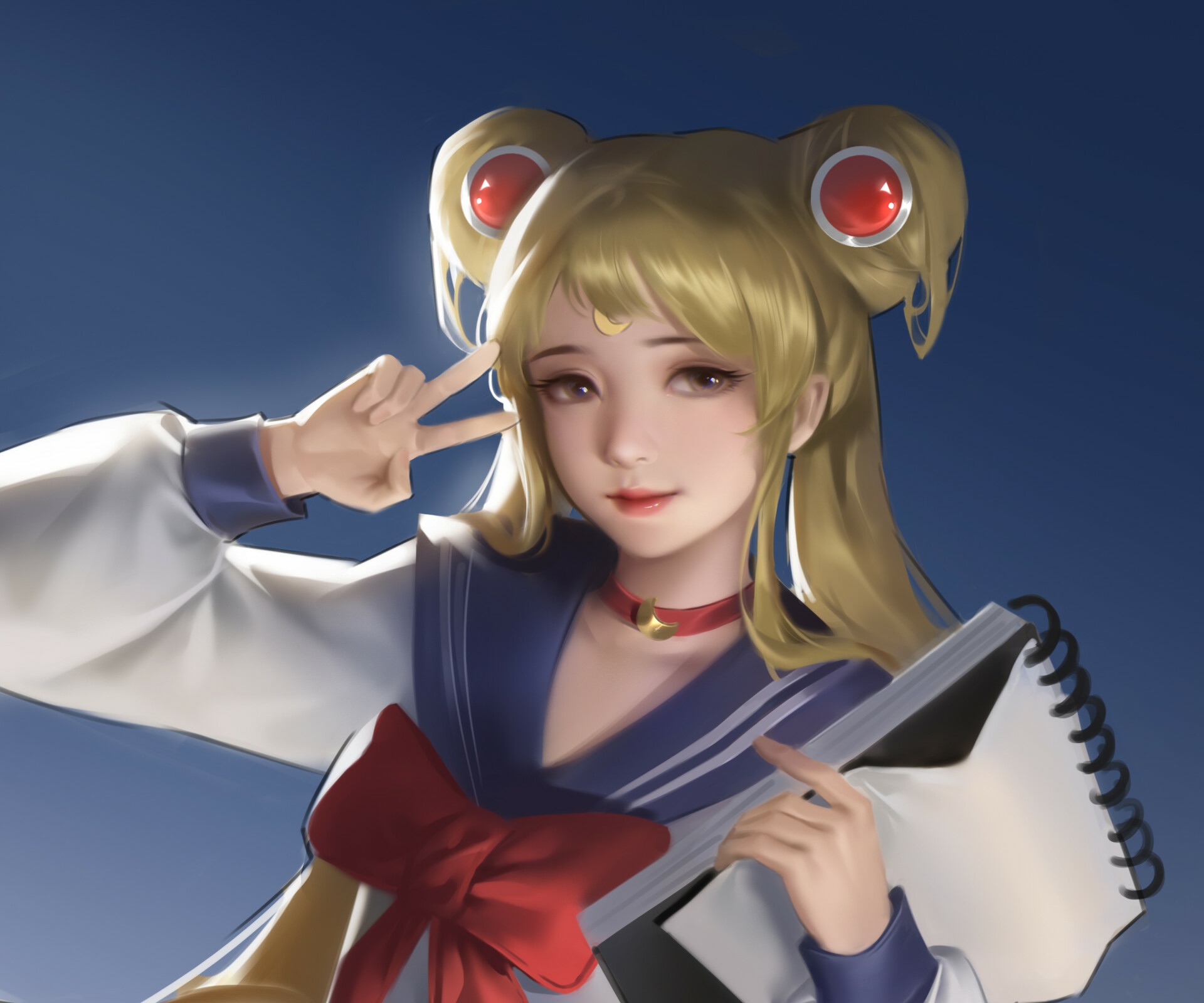 Sailor Moon holding a sketchbook and making a peace sign HD Wallpaper