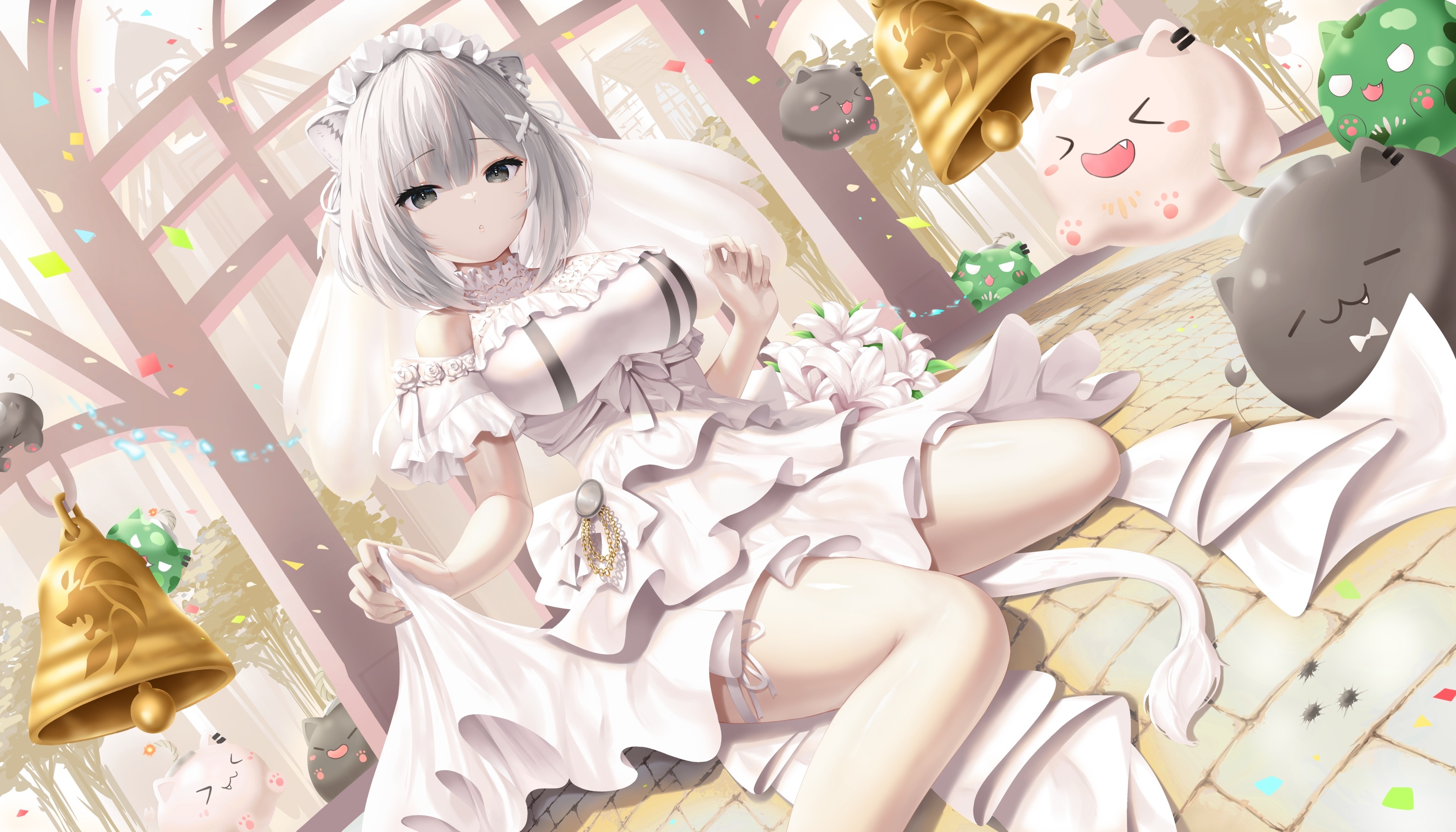 Shishiro Botan in a Wedding Dress with Cat-like Creatures HD Wallpaper