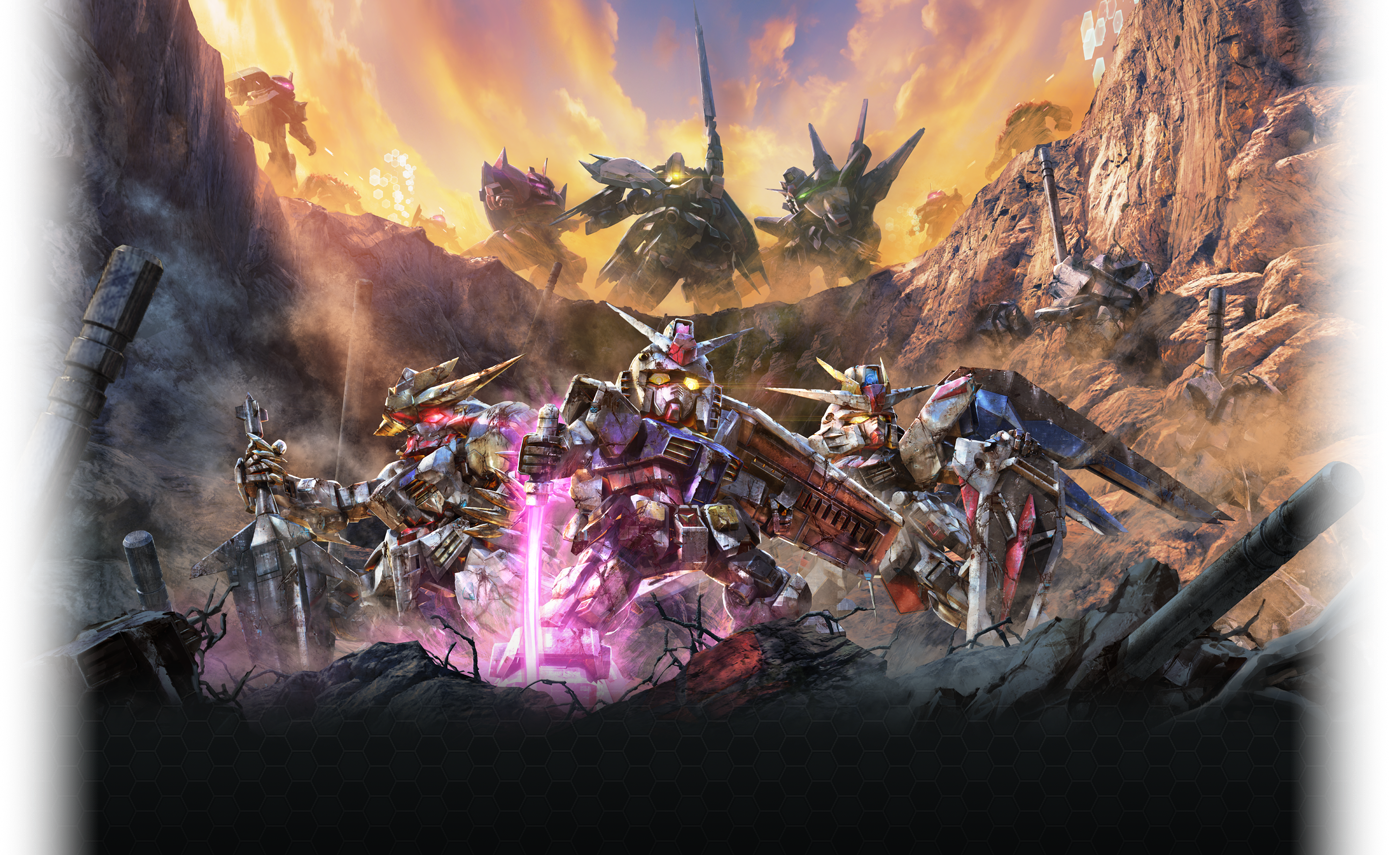Gundam Mobile Suits in a Rocky Landscape HD Wallpaper