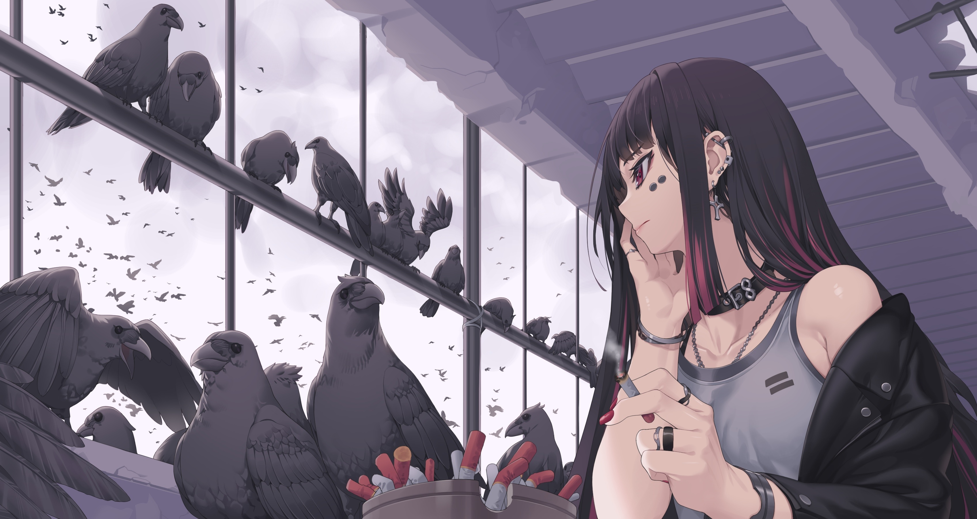 Girl with dark hair and birds HD Wallpaper