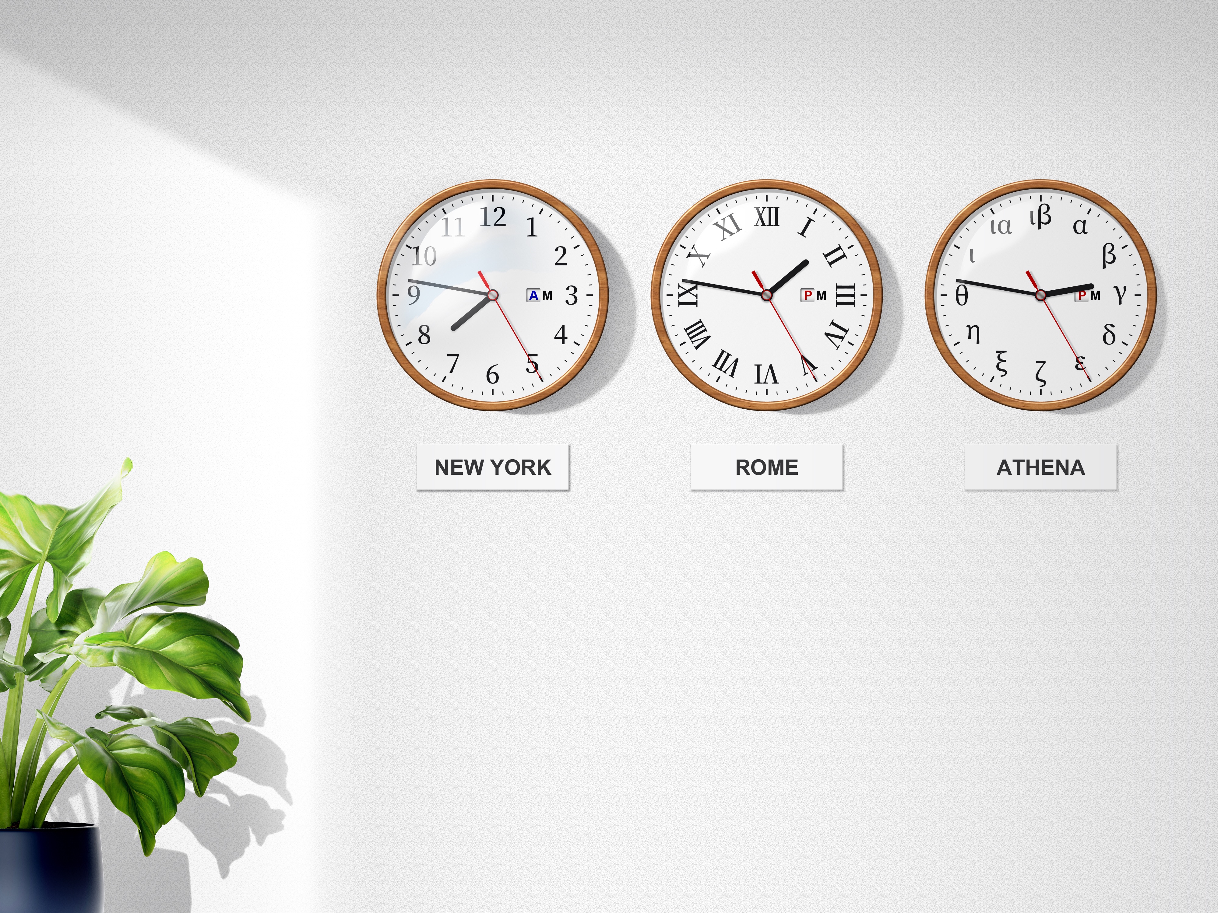 Three World Clocks: New York, Rome, and Athena HD Wallpaper