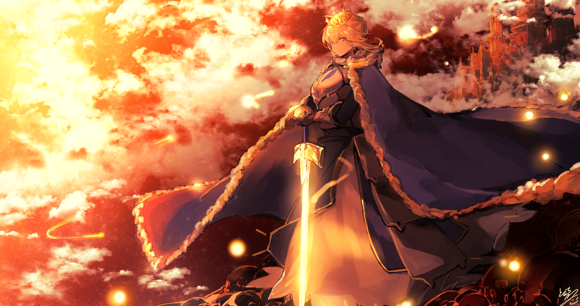 Saber with Excalibur in front of a castle HD Wallpaper