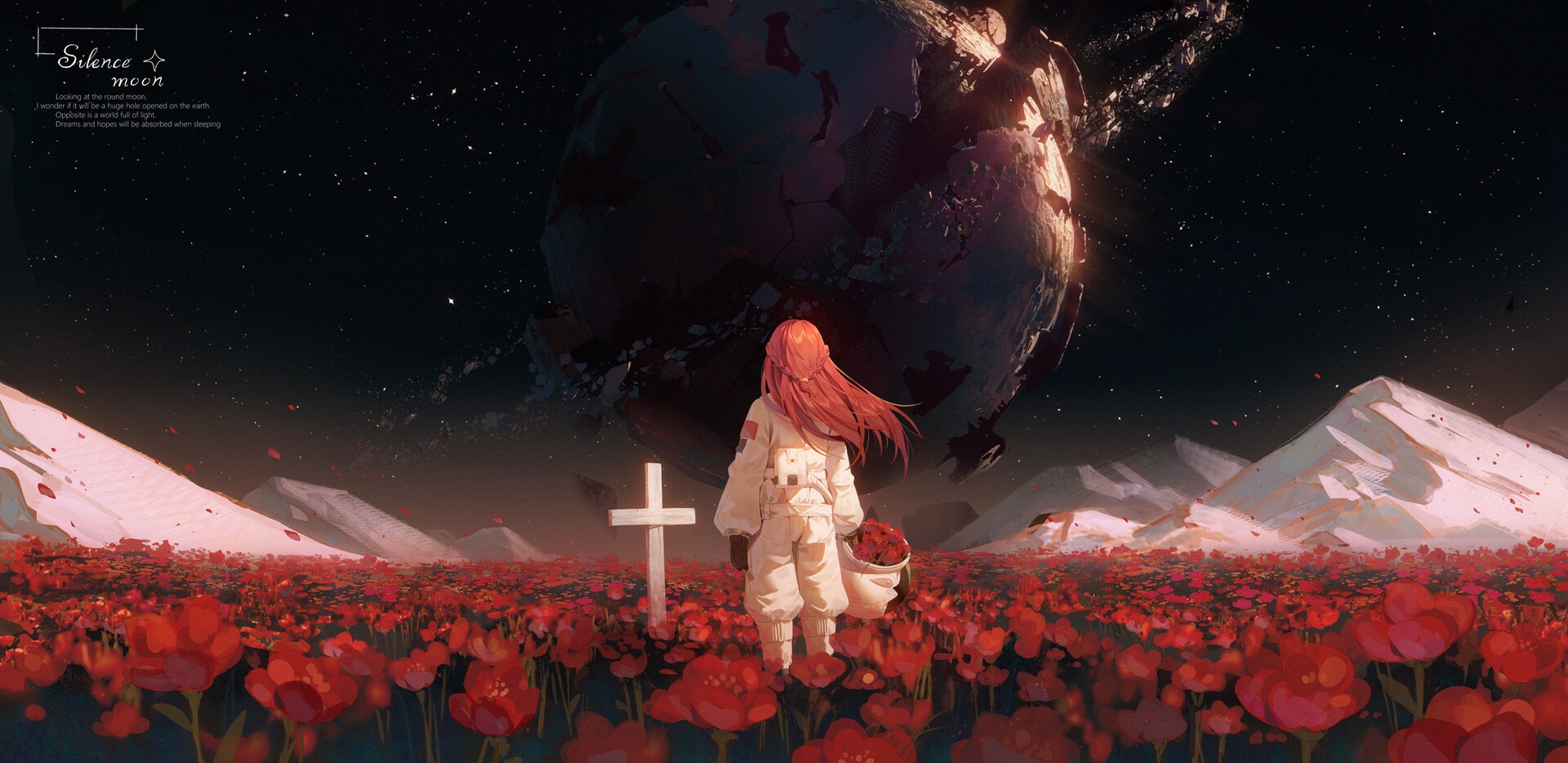 Astronaut in a field of flowers with a cross and planet HD Wallpaper