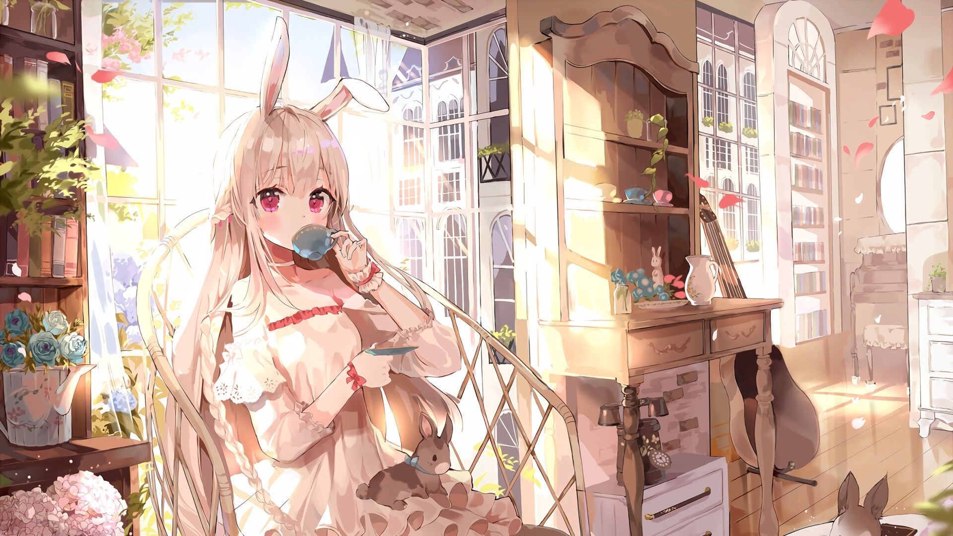 Girl with bunny ears drinking from a coffee cup HD Wallpaper