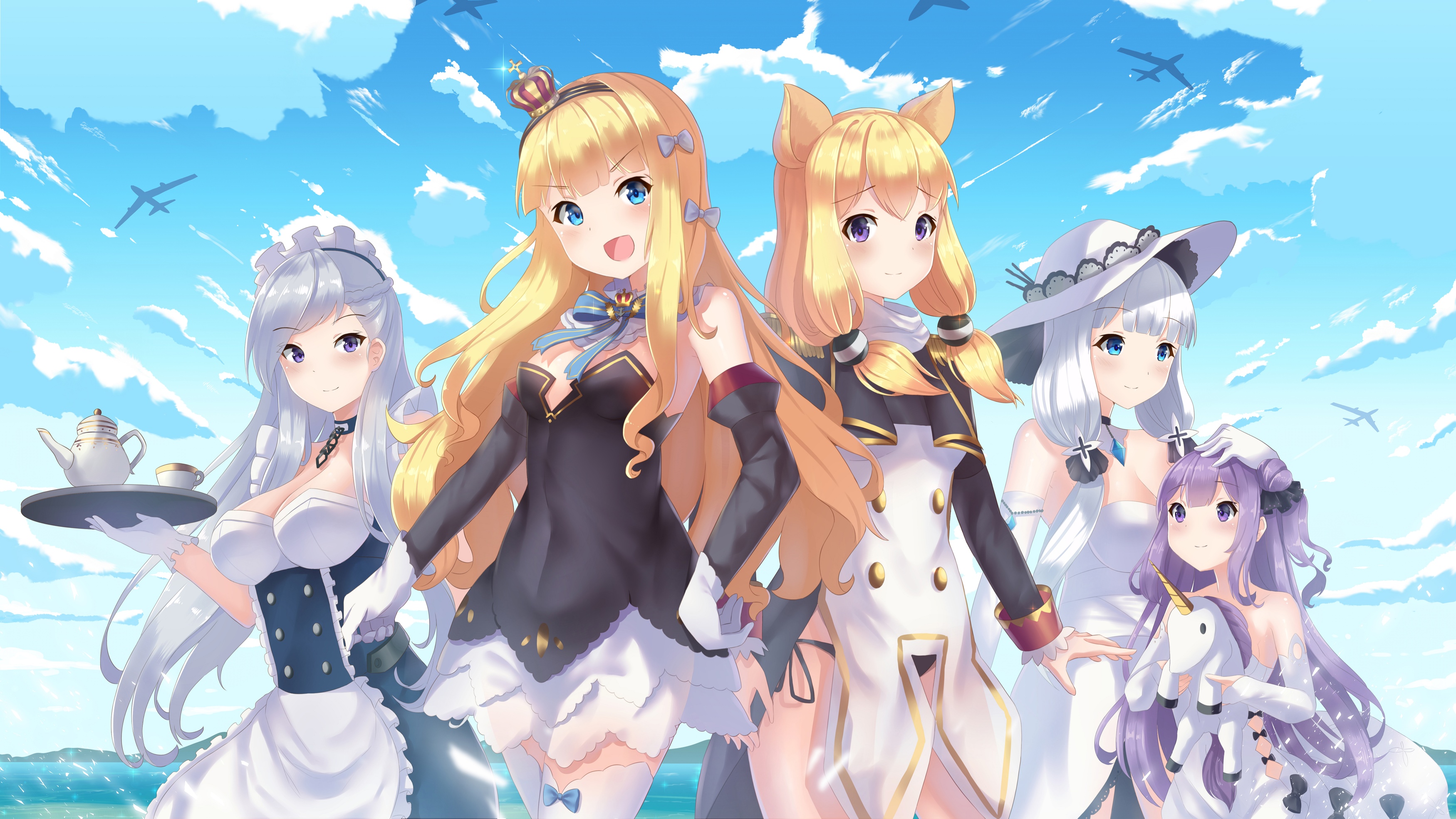 Azur Lane characters Queen Elizabeth, Illustrious, Warspite, Belfast, and Unicorn HD Wallpaper