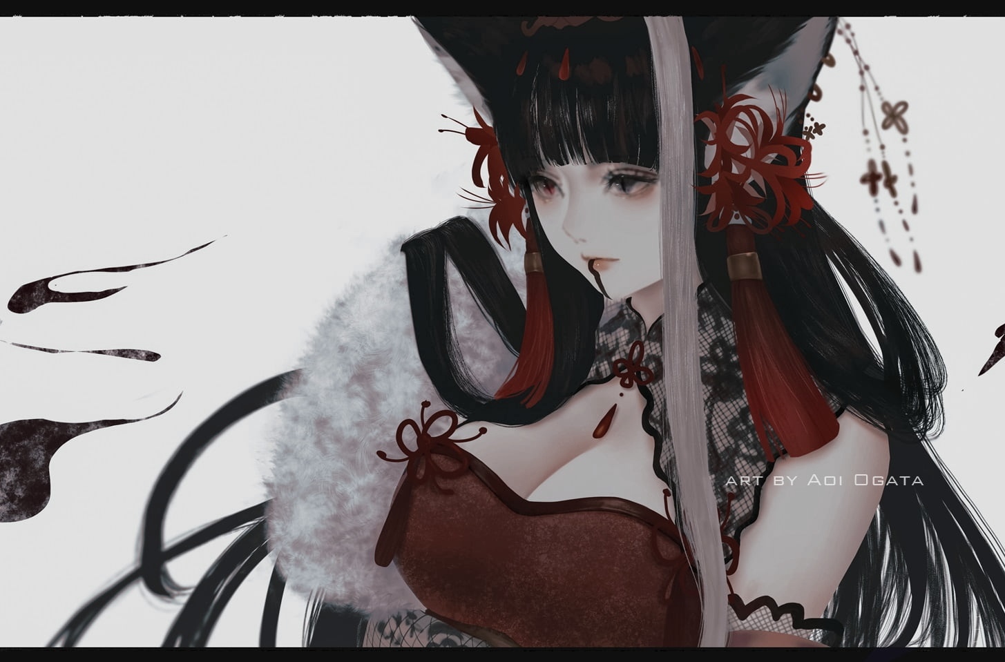 Anime girl with cat ears and red flowers HD Wallpaper