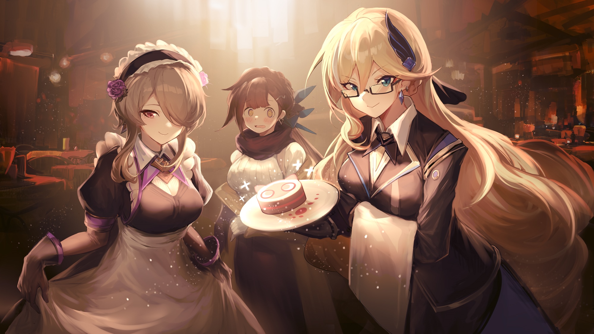 Three anime women in a restaurant with a cake HD Wallpaper