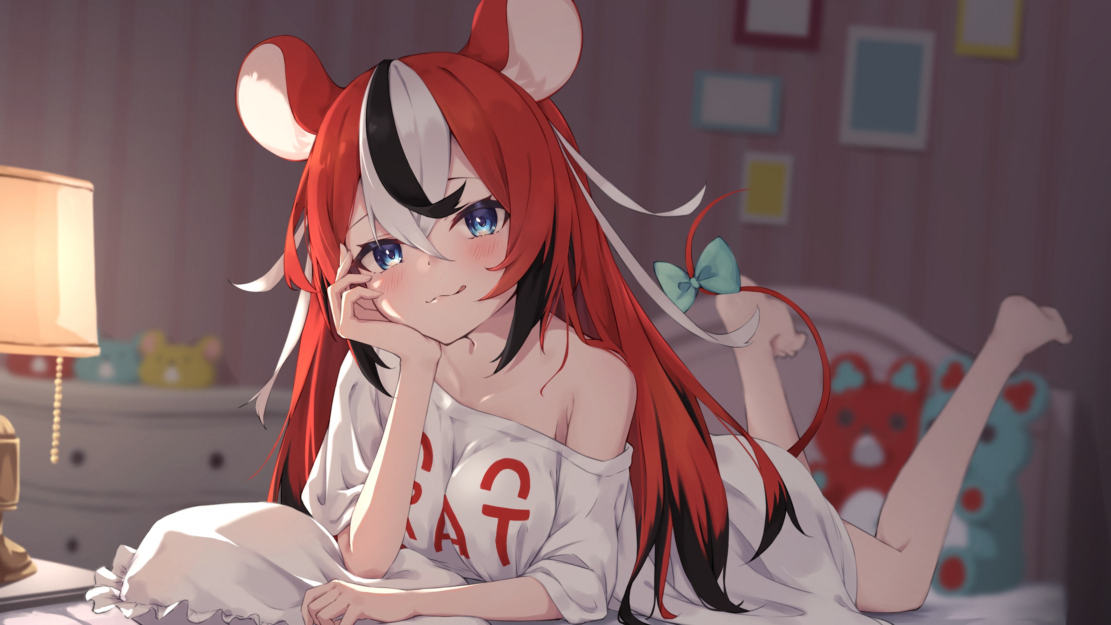 Hakos Baelz in a white shirt on a bed HD Wallpaper