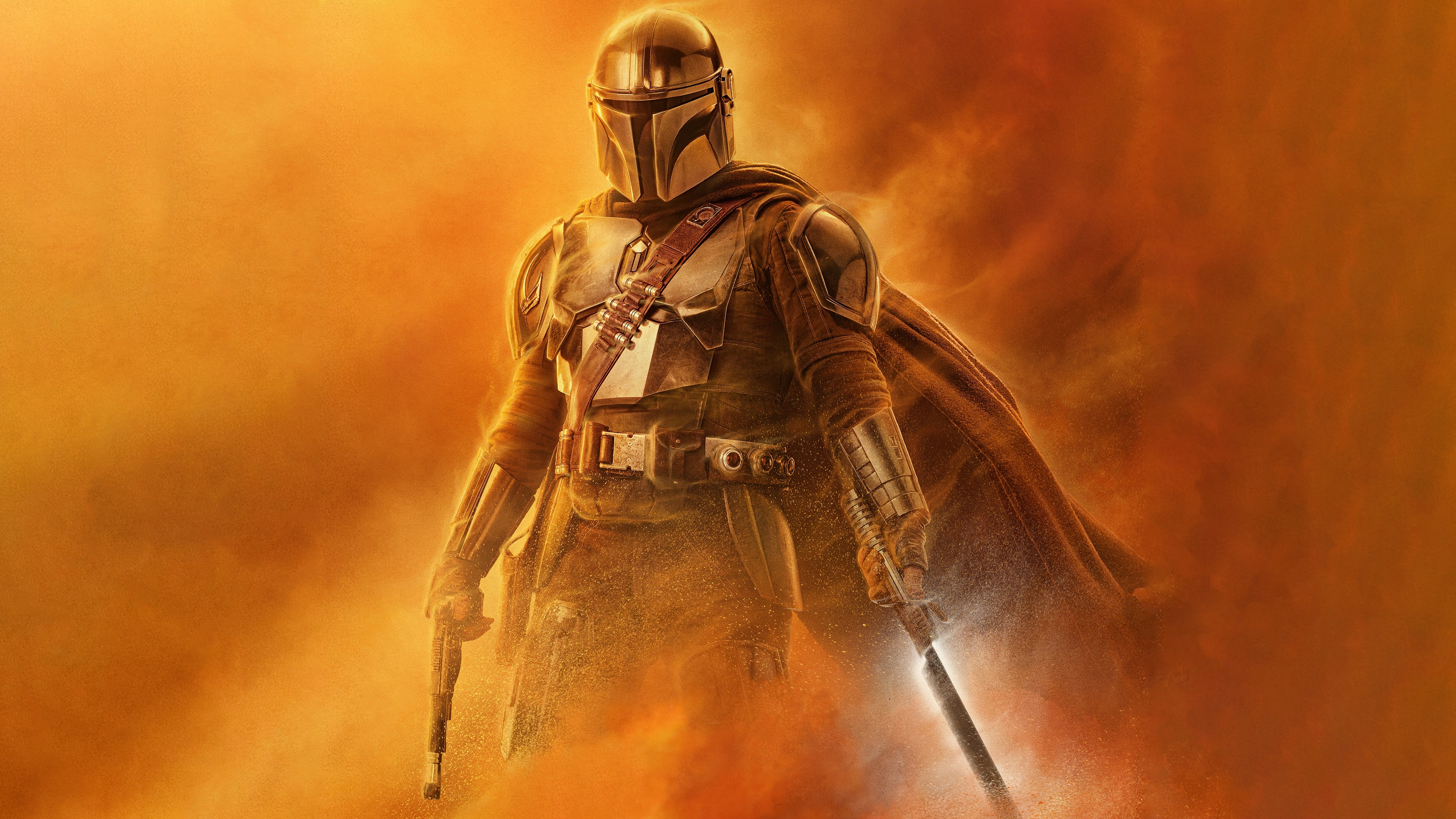 4K Star Wars Din Djarin with Blasters and Lightsaber HD Wallpaper