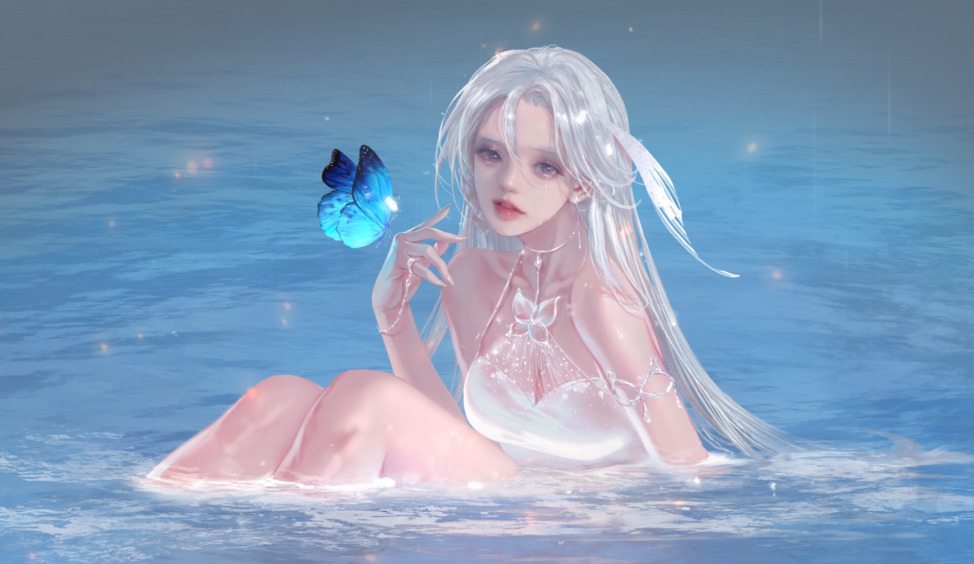 Fantasy girl with white hair and a blue butterfly in water HD Wallpaper